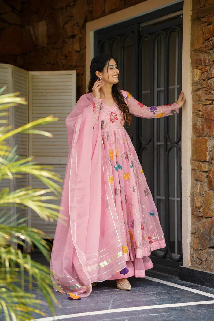 Pastel Pink Embroidered Anarkali with Sharara