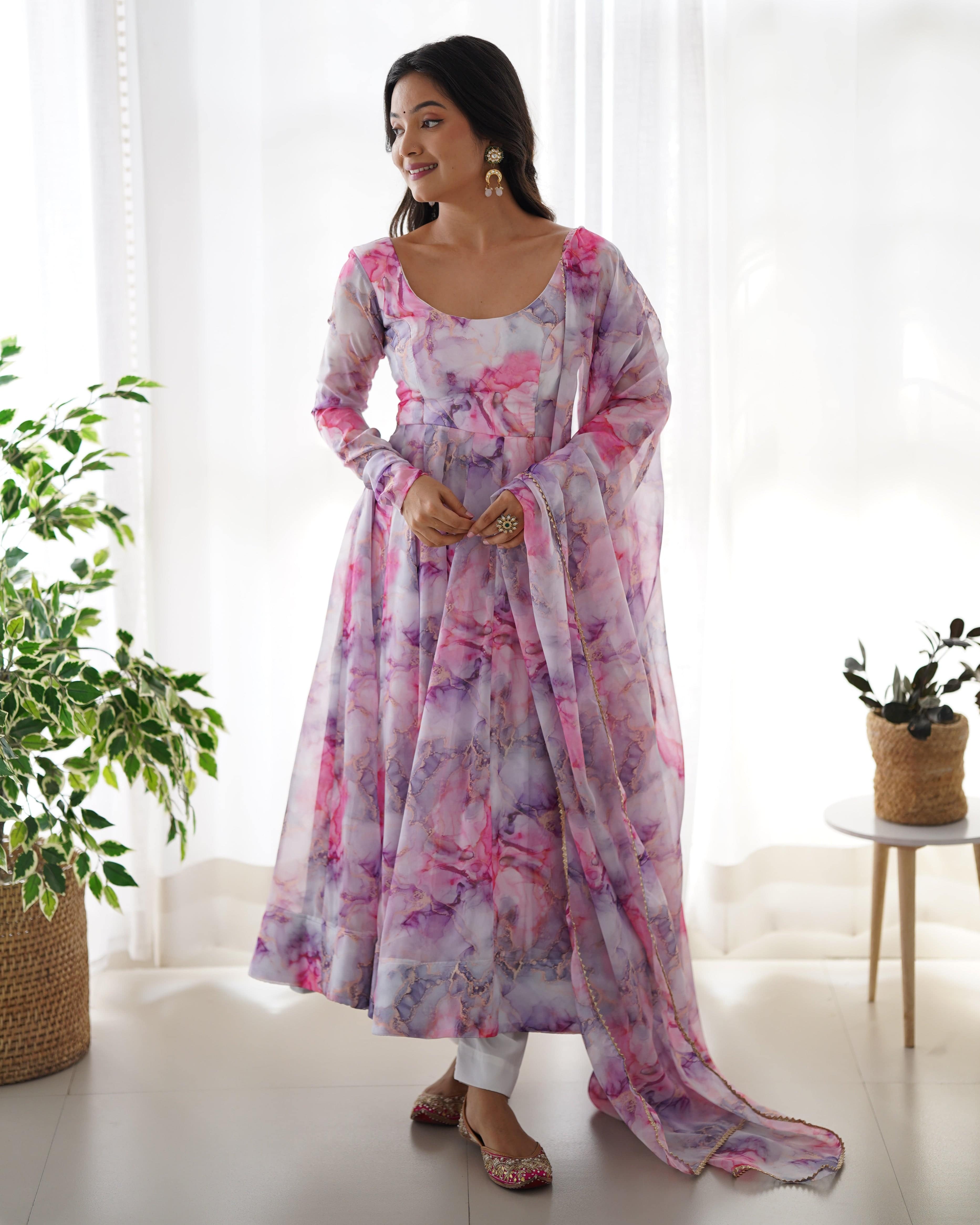 Graceful Organza Silk Floral Digital Printed Anarkali Pant Suit