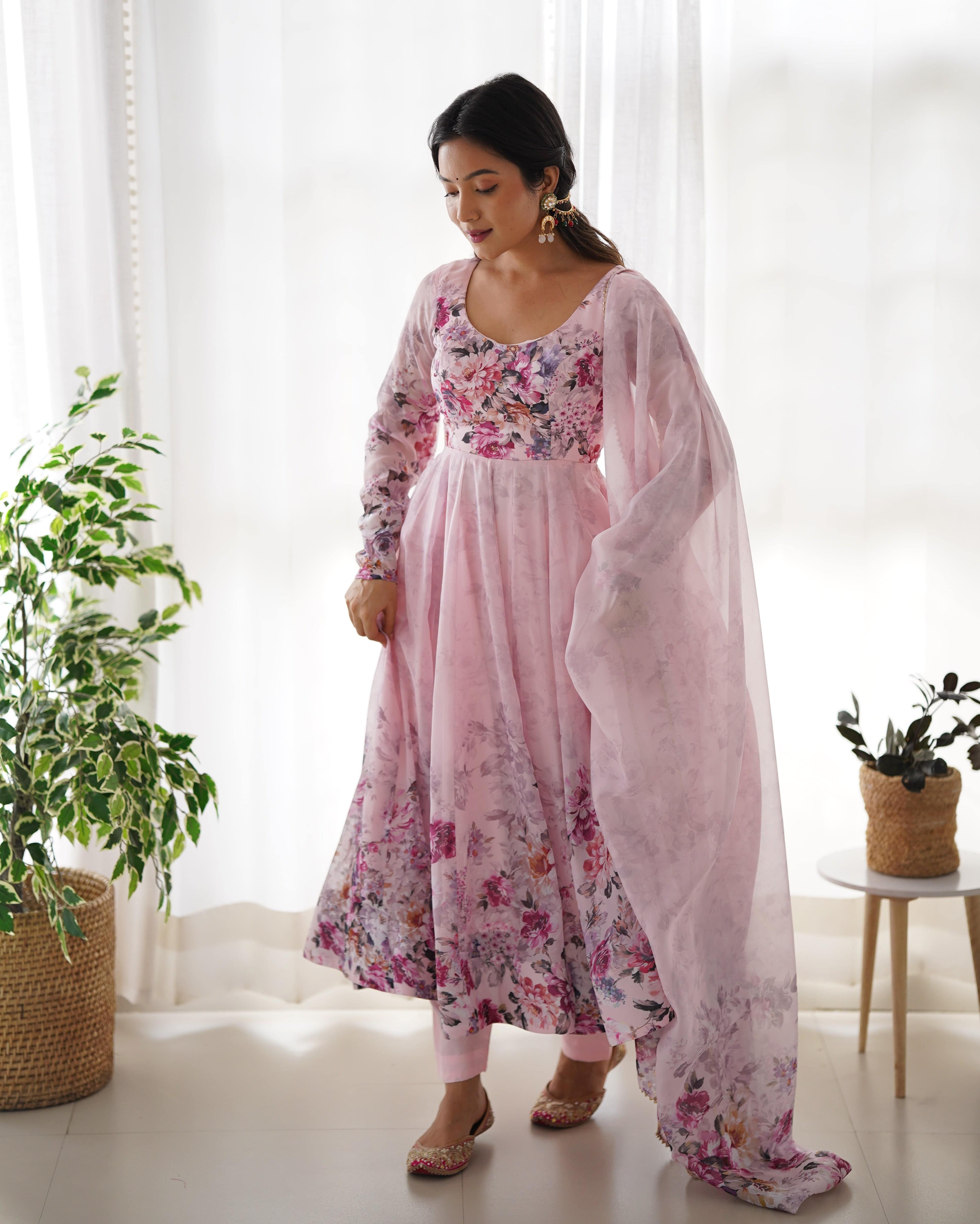 Lovely Organza Silk Floral Digital Printed Anarkali Pant Suit