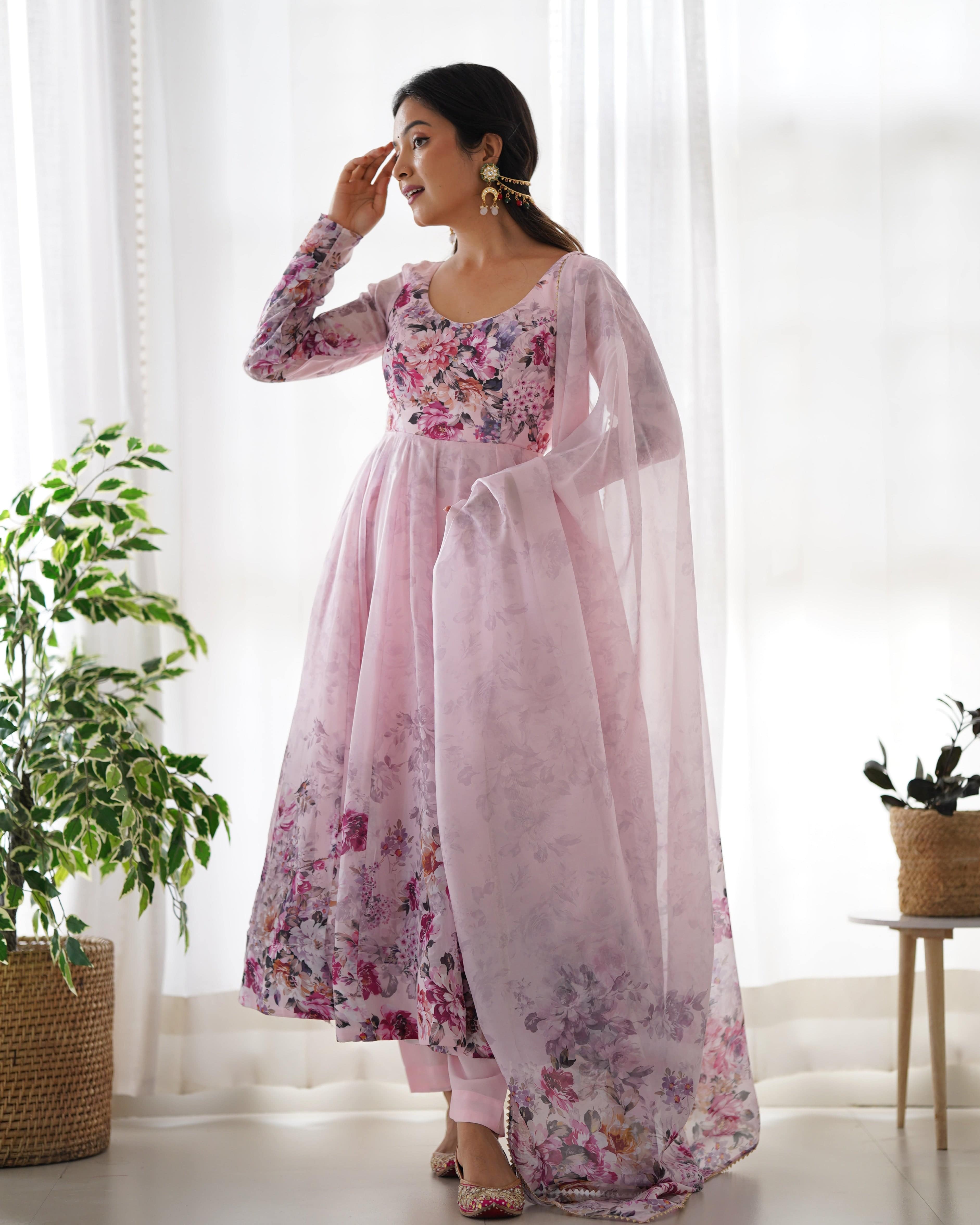 Lovely Organza Silk Floral Digital Printed Anarkali Pant Suit