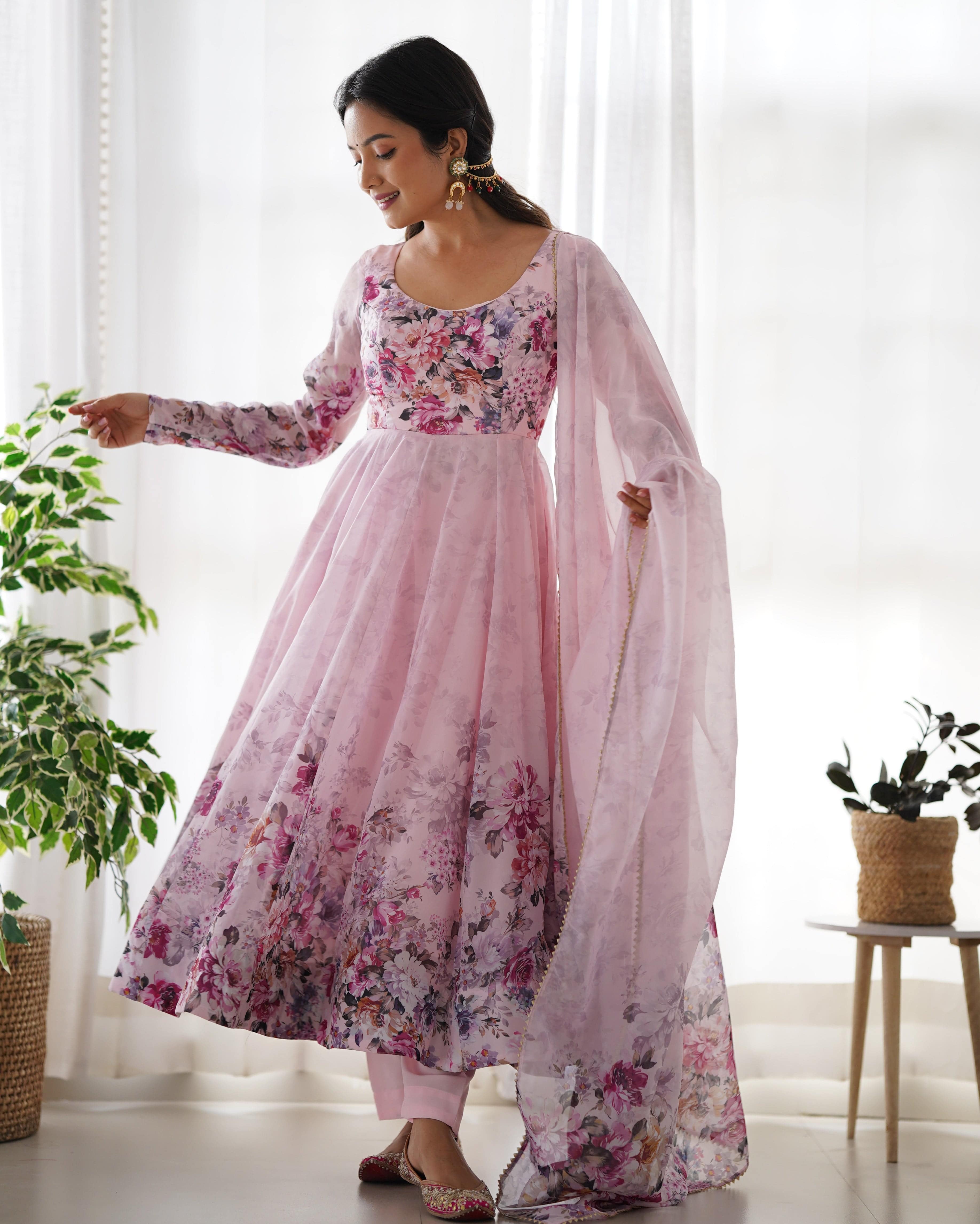 Lovely Organza Silk Floral Digital Printed Anarkali Pant Suit