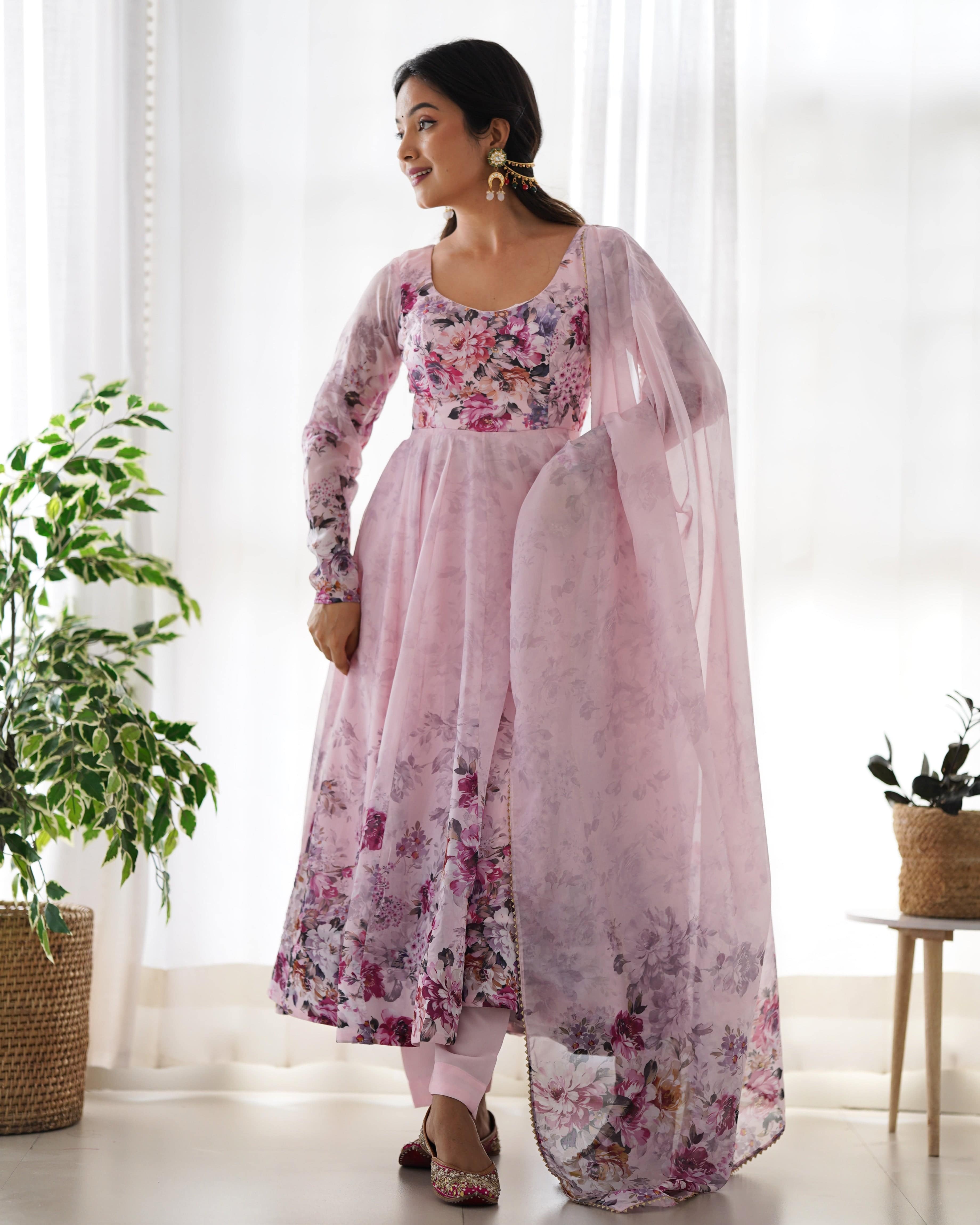 Lovely Organza Silk Floral Digital Printed Anarkali Pant Suit