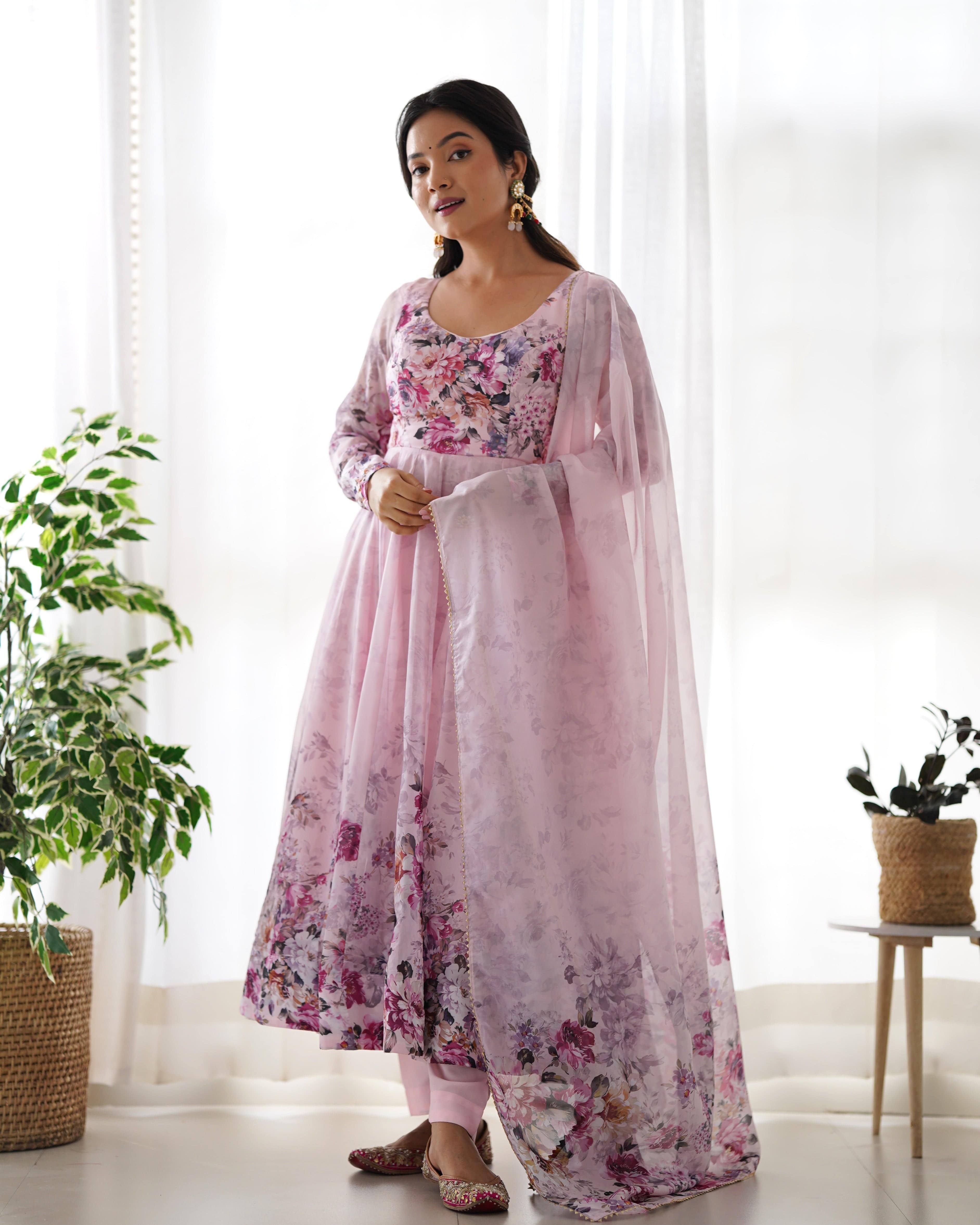 Lovely Organza Silk Floral Digital Printed Anarkali Pant Suit