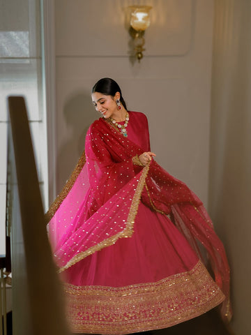 Pink Rayon Silk Embroidered Anarkali Gown with Dupatta