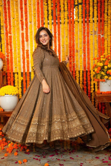 Chocolate Brown Embroidered Georgette Anarkali Suit Set