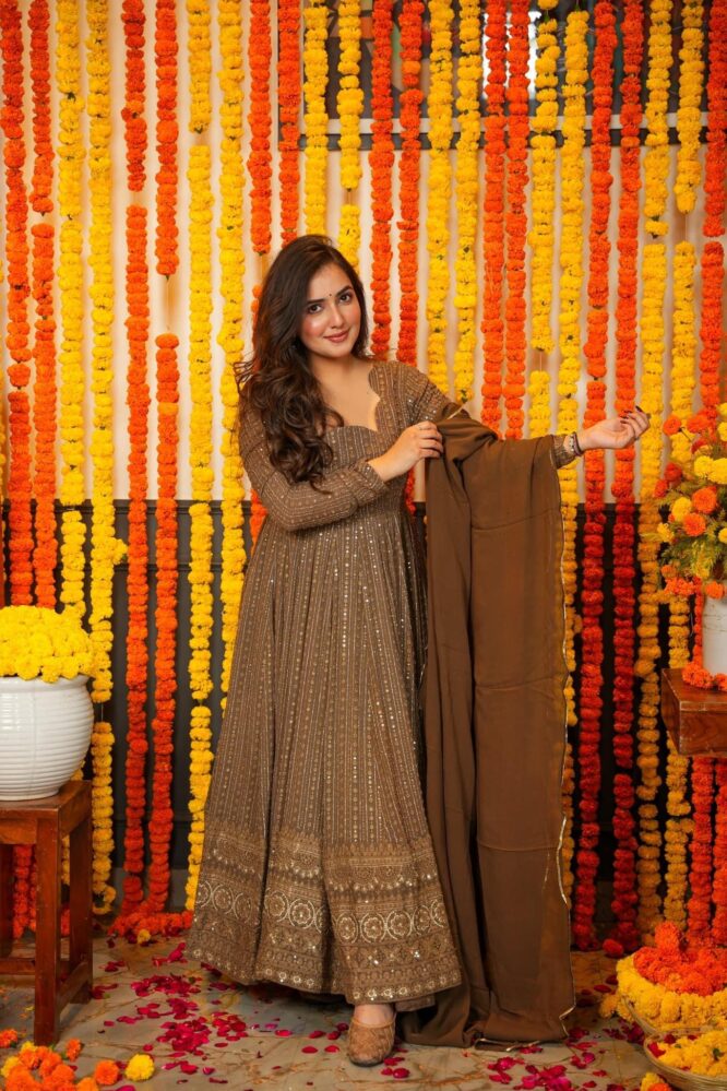 Chocolate Brown Embroidered Georgette Anarkali Suit Set