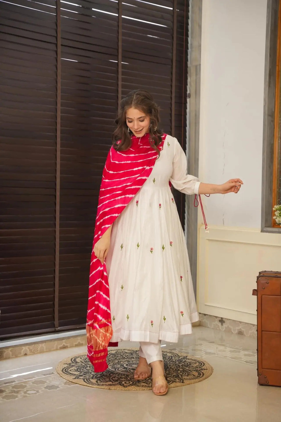 White Georgette Anarkali Suit Set with Bandhani Silk Dupatta