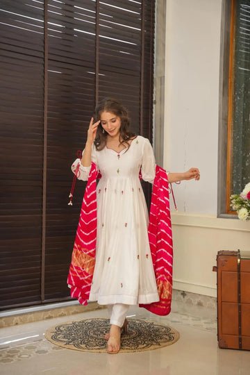 White Georgette Anarkali Suit Set with Bandhani Silk Dupatta