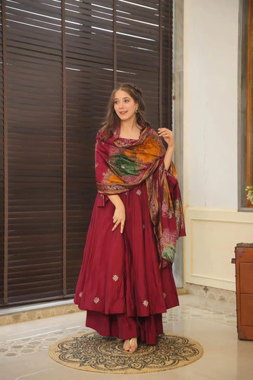 Maroon Pure Rangoli Silk Anarkali Suit Set