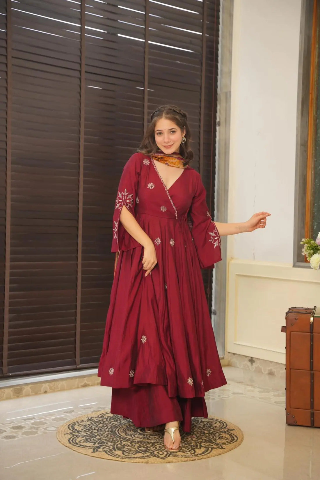 Maroon Pure Rangoli Silk Anarkali Suit Set