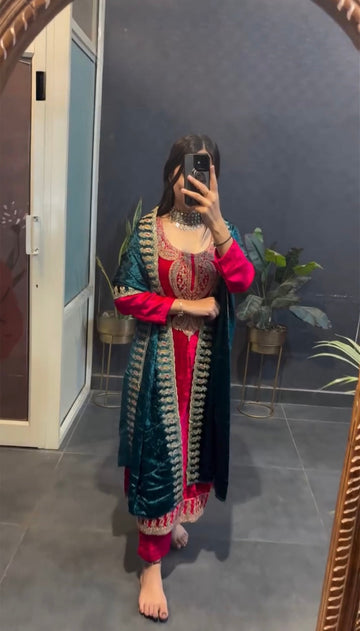 Designer Rani Velvet Rajwadi Kurta Suit Set with Dupatta