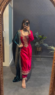Designer Rani Velvet Rajwadi Kurta Suit Set with Dupatta