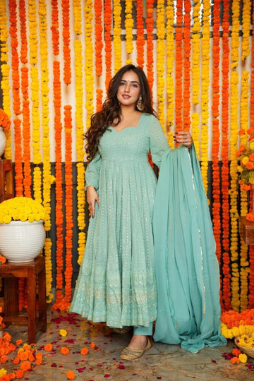 Sky Blue Embroidered Georgette Anarkali Suit Set