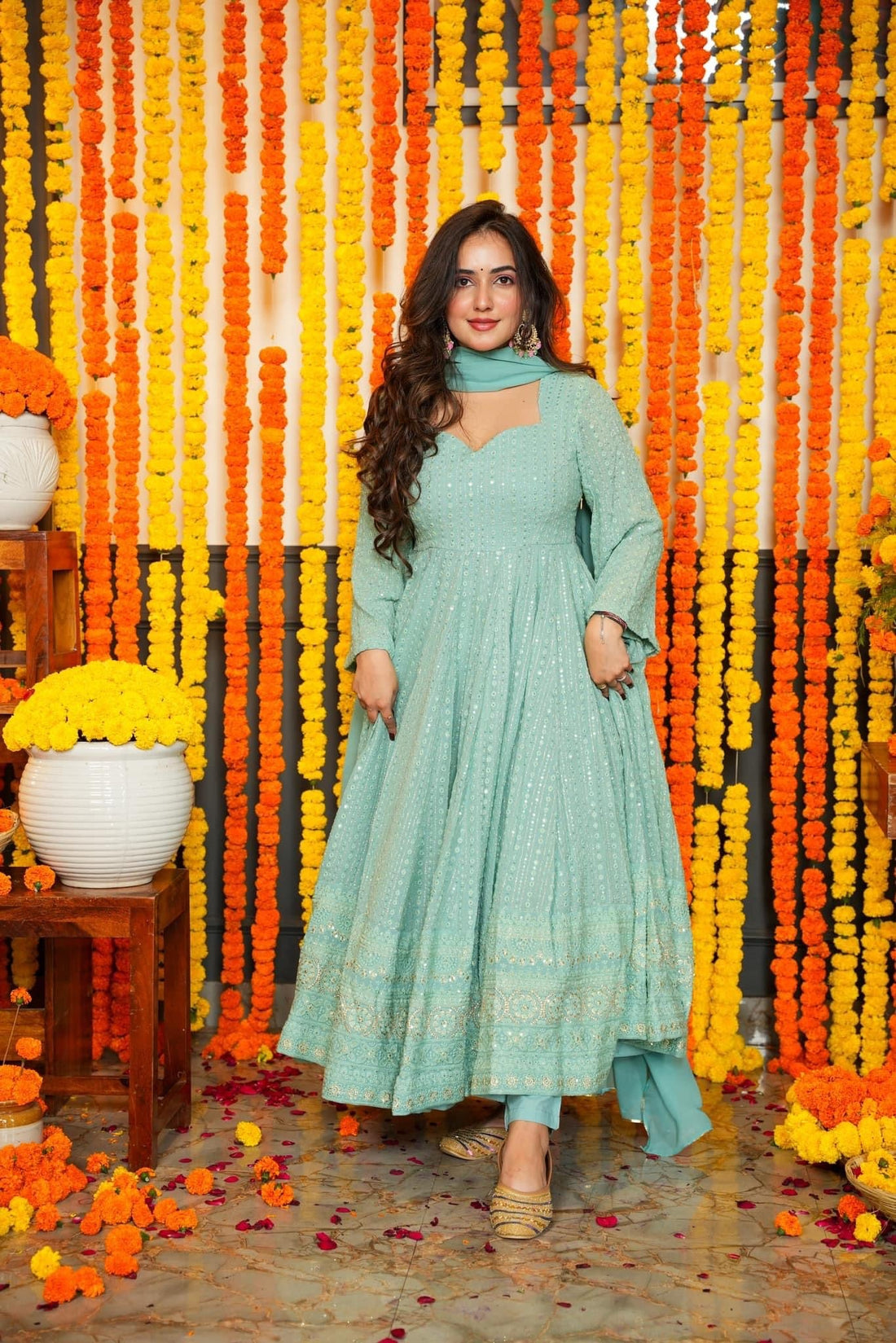 Sky Blue Embroidered Georgette Anarkali Suit Set