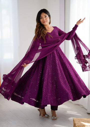 Wine Lucknowi Faux Georgette Anarkali Suit Set With Dupatta