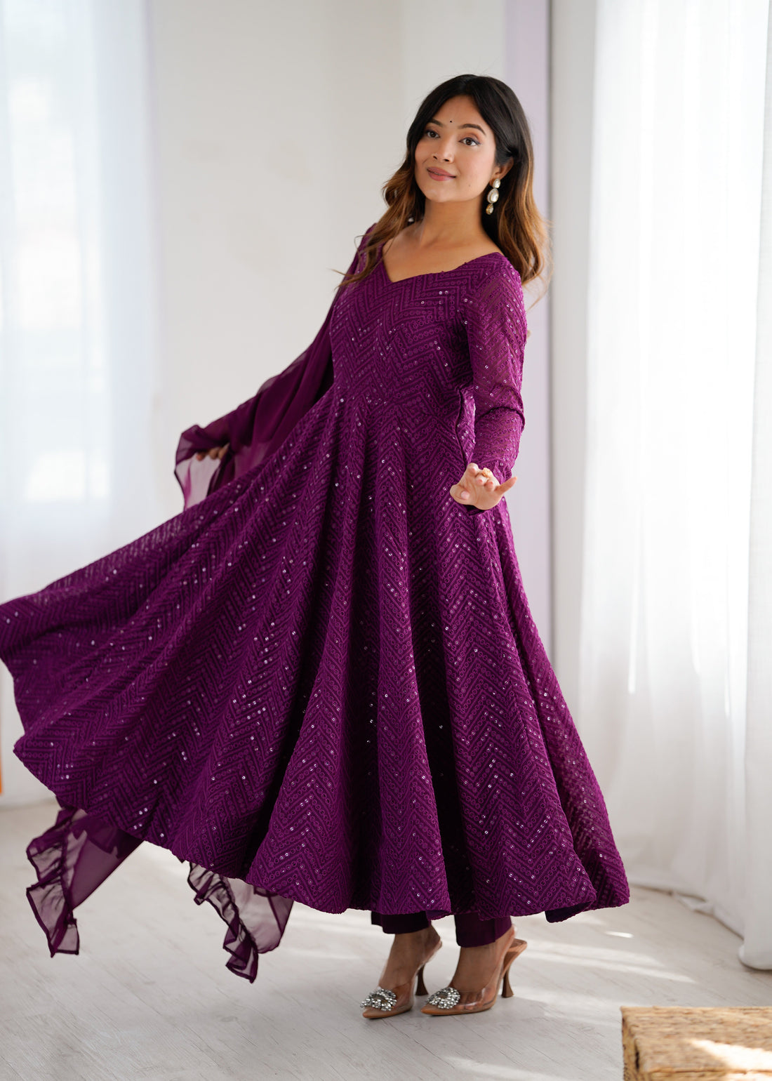 Wine Lucknowi Faux Georgette Anarkali Suit Set With Dupatta