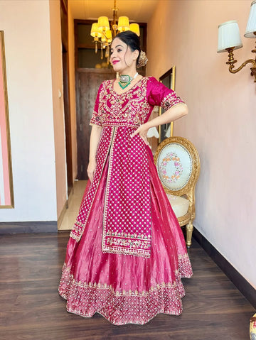Rani Chinon Silk Multi Thread Embroidered Lehenga Suit Set