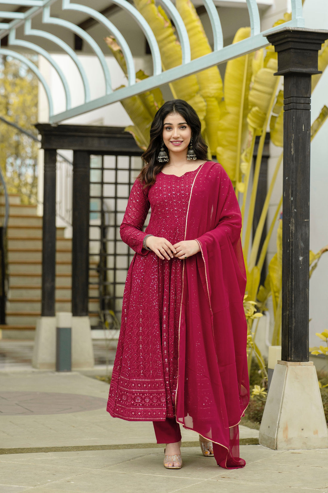Red Embroidered Georgette Anarkali Suit Set with Dupatta
