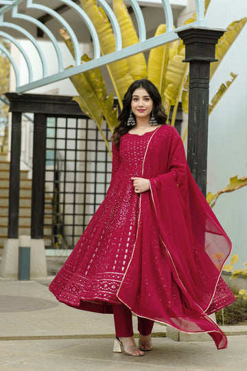 Red Embroidered Georgette Anarkali Suit Set with Dupatta