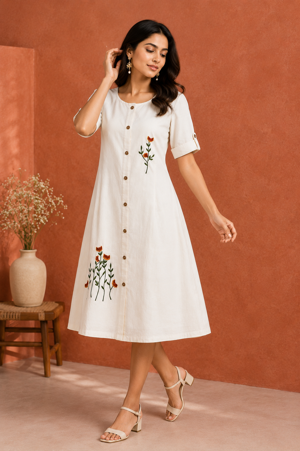White Linen Floral Embroidered Midi Dress for Women