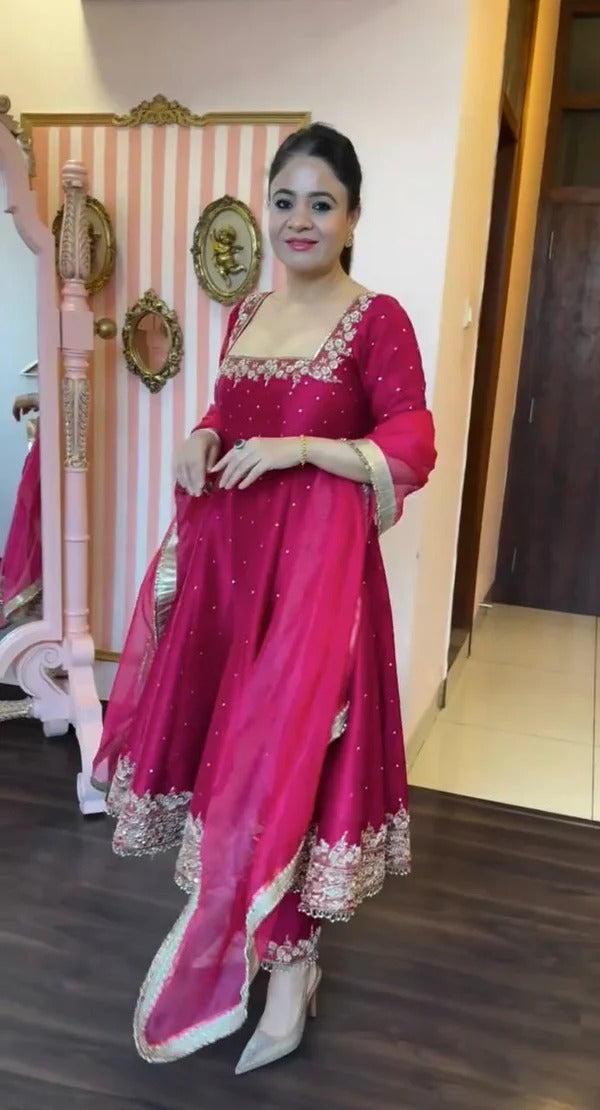 Magenta Embellished Anarkali Suit With Dupatta