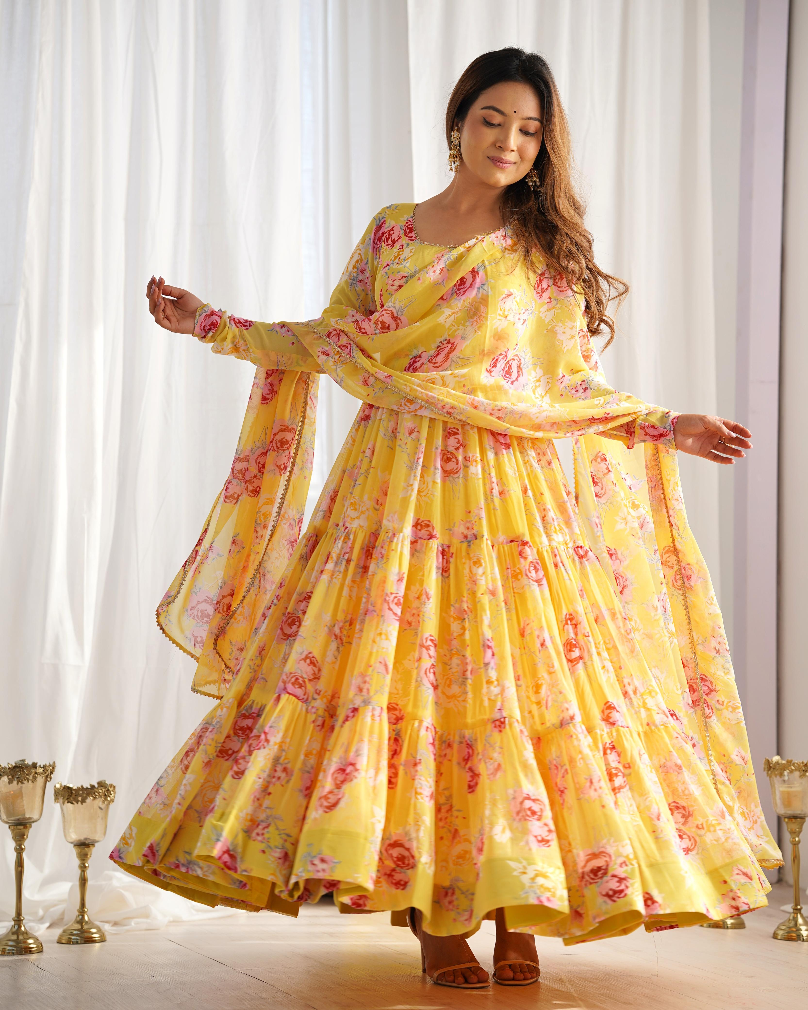 Graceful Yellow Floral Printed Fully Stitched Anarkali Pant Suit