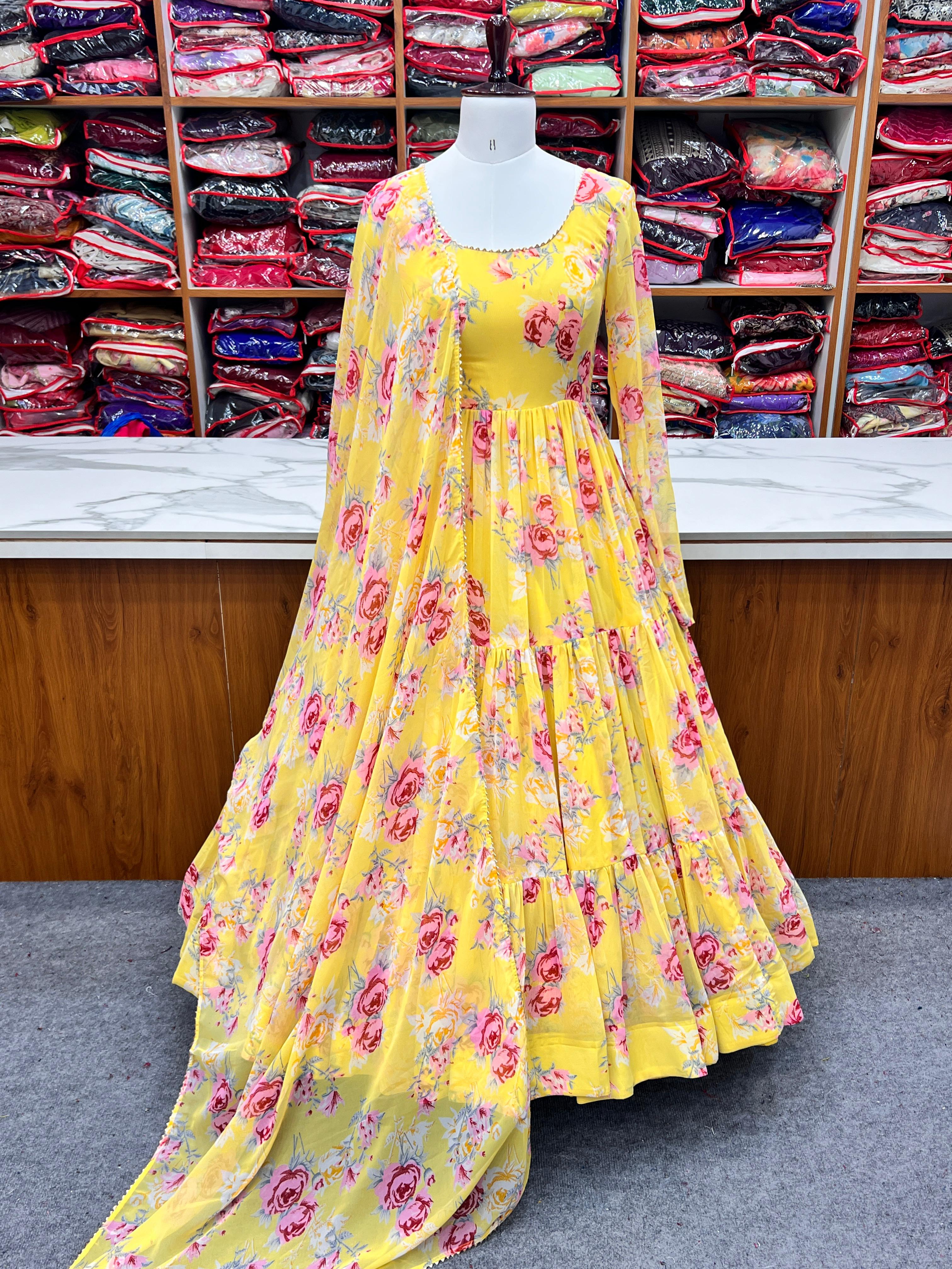 Graceful Yellow Floral Printed Fully Stitched Anarkali Pant Suit