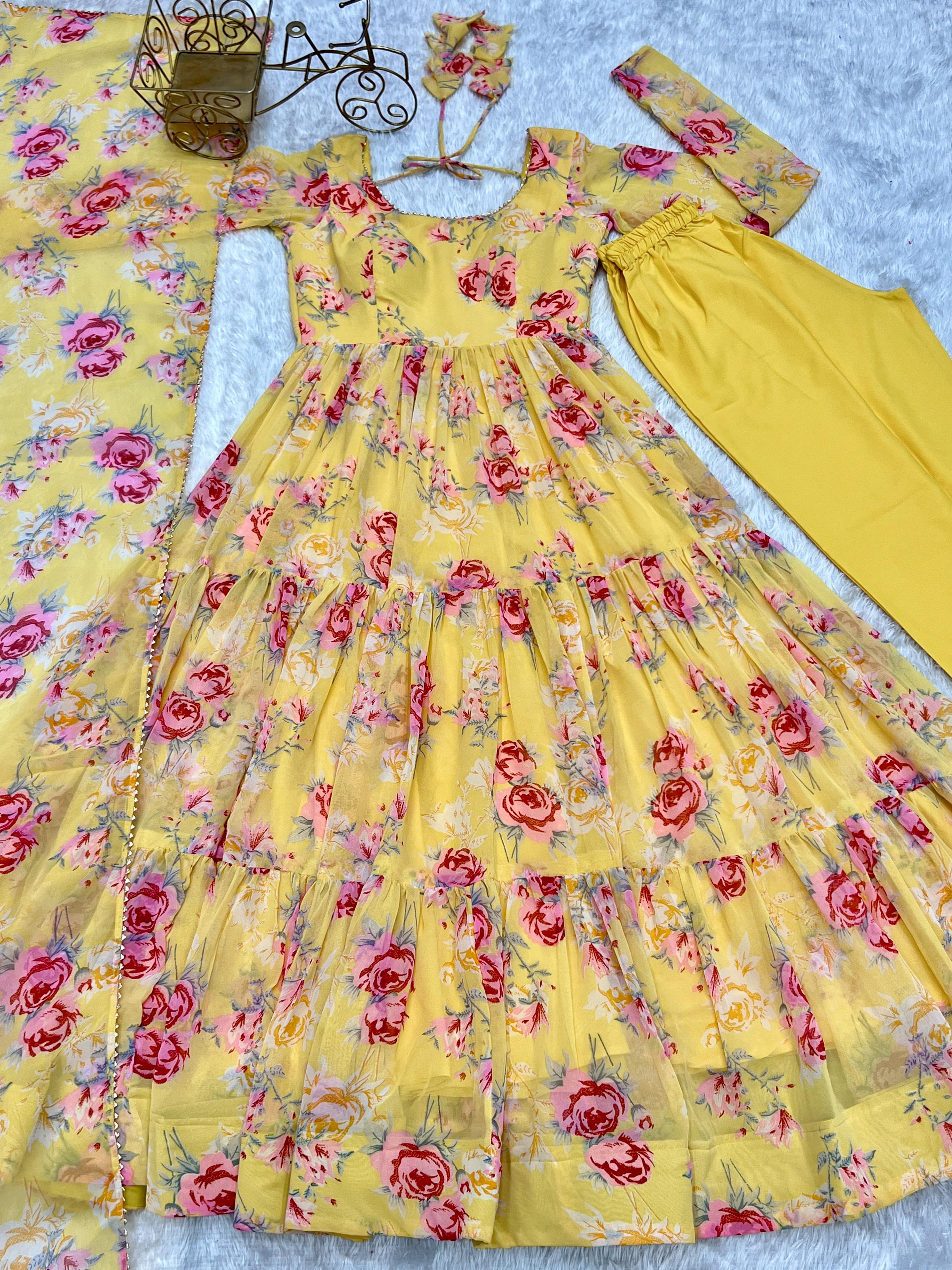 Graceful Yellow Floral Printed Fully Stitched Anarkali Pant Suit