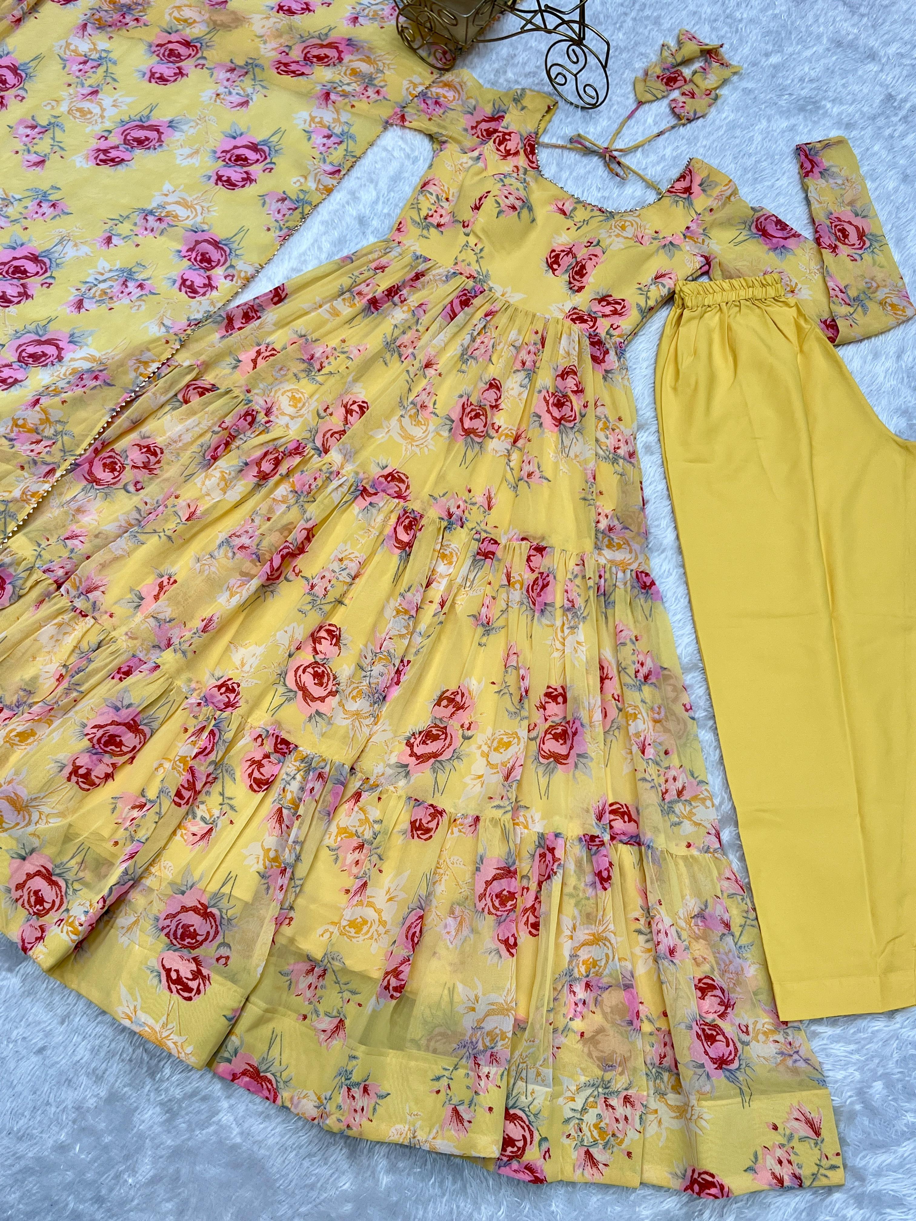 Graceful Yellow Floral Printed Fully Stitched Anarkali Pant Suit