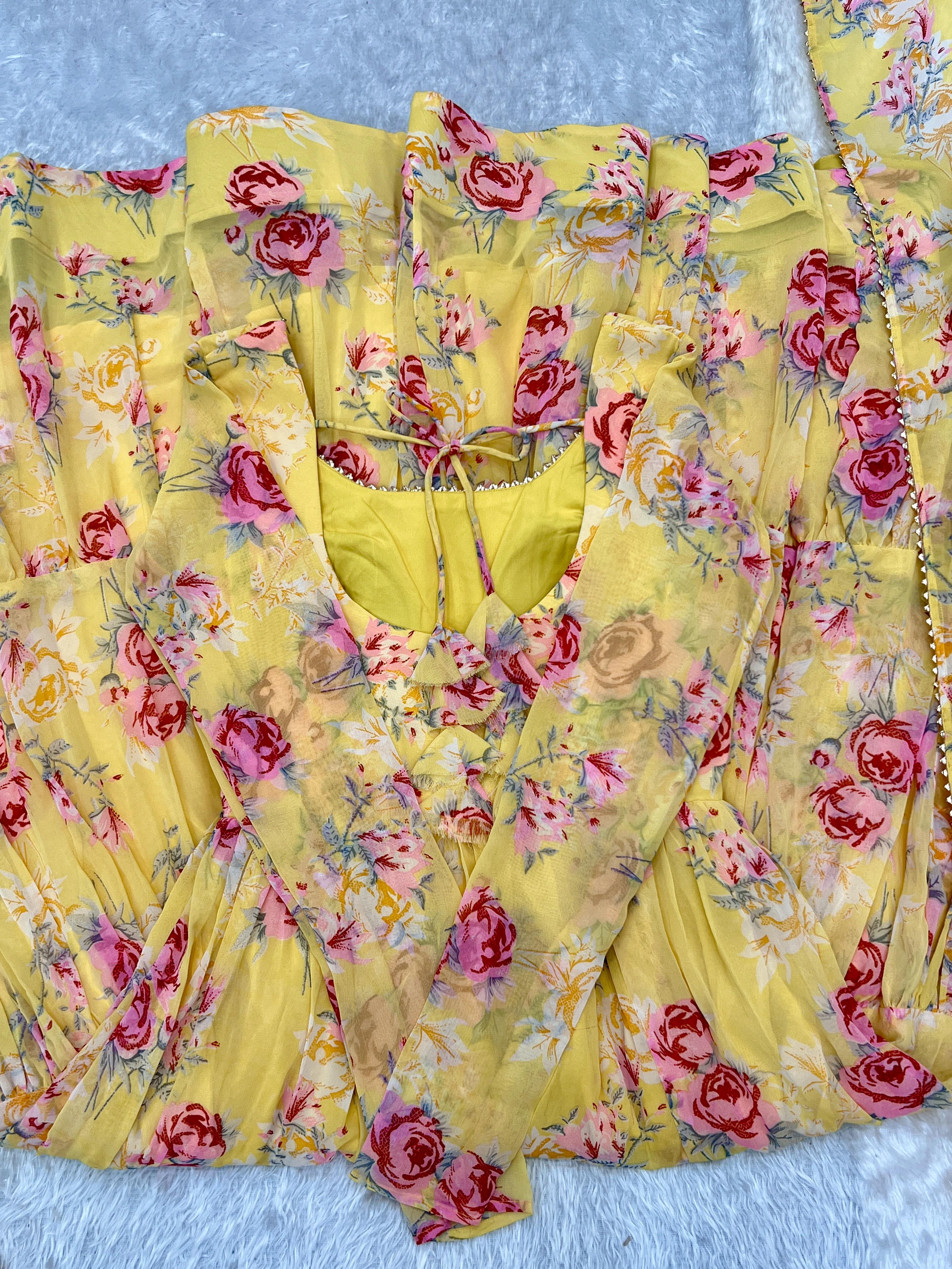 Graceful Yellow Floral Printed Fully Stitched Anarkali Pant Suit