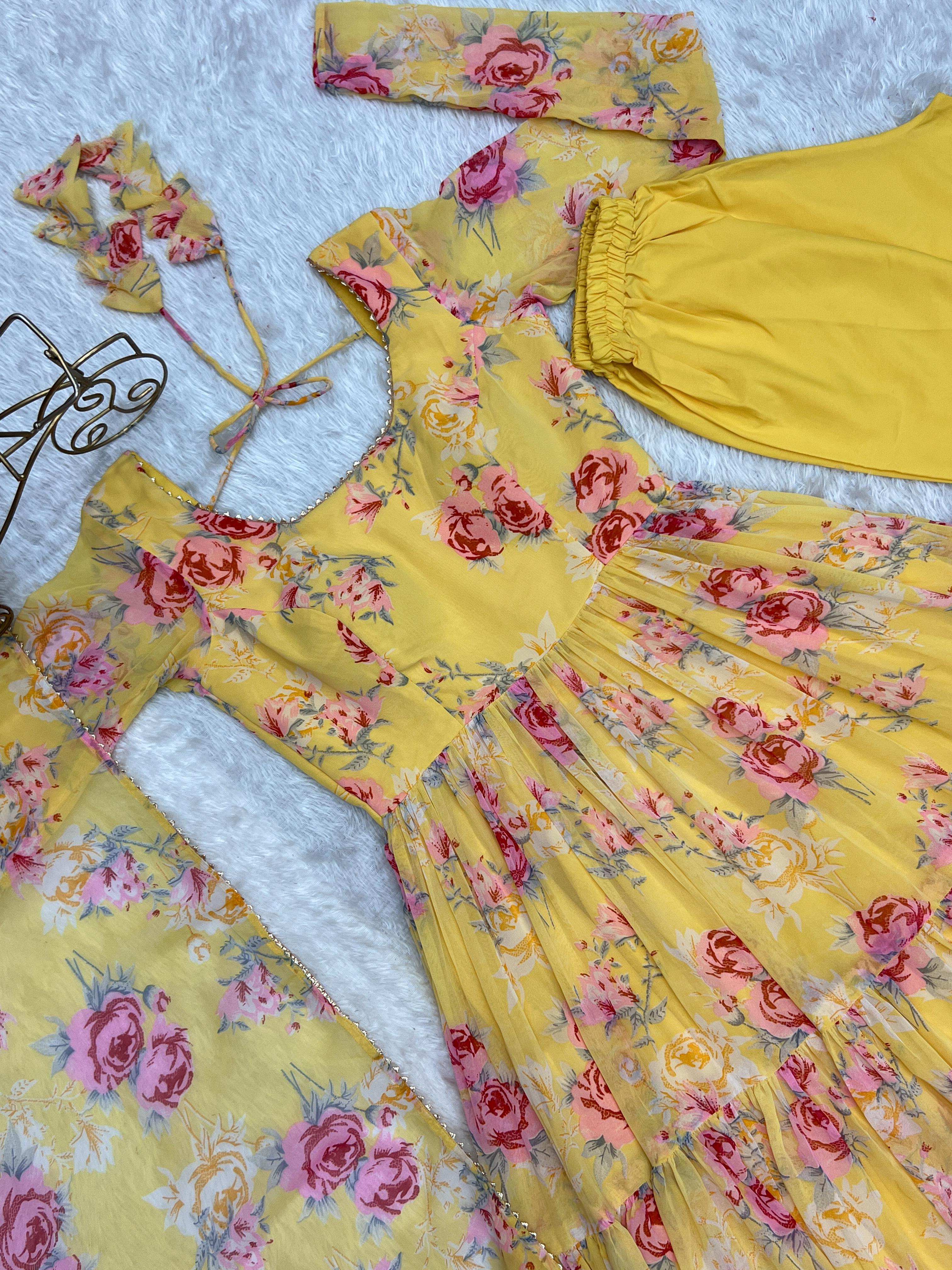Graceful Yellow Floral Printed Fully Stitched Anarkali Pant Suit