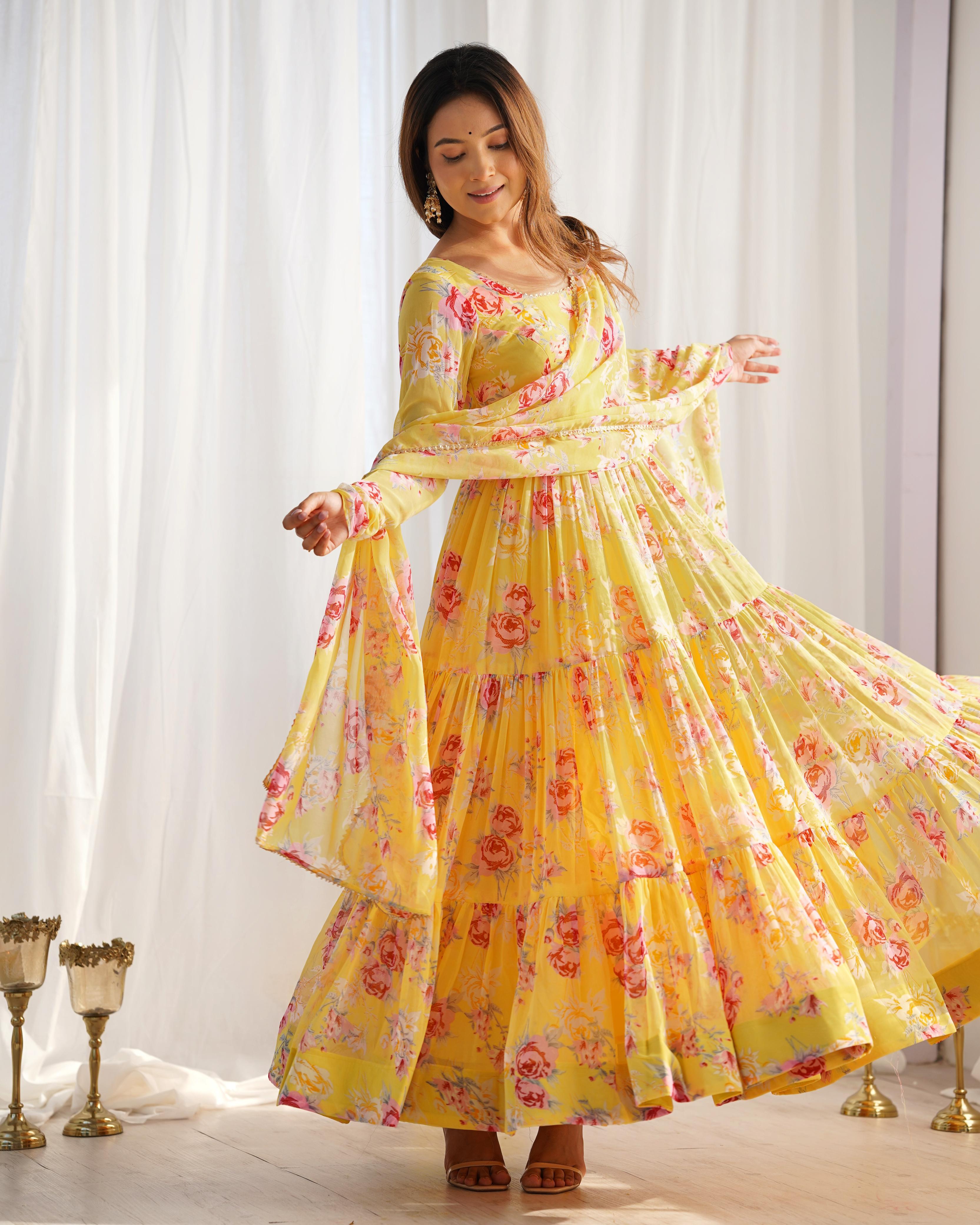 Graceful Yellow Floral Printed Fully Stitched Anarkali Pant Suit