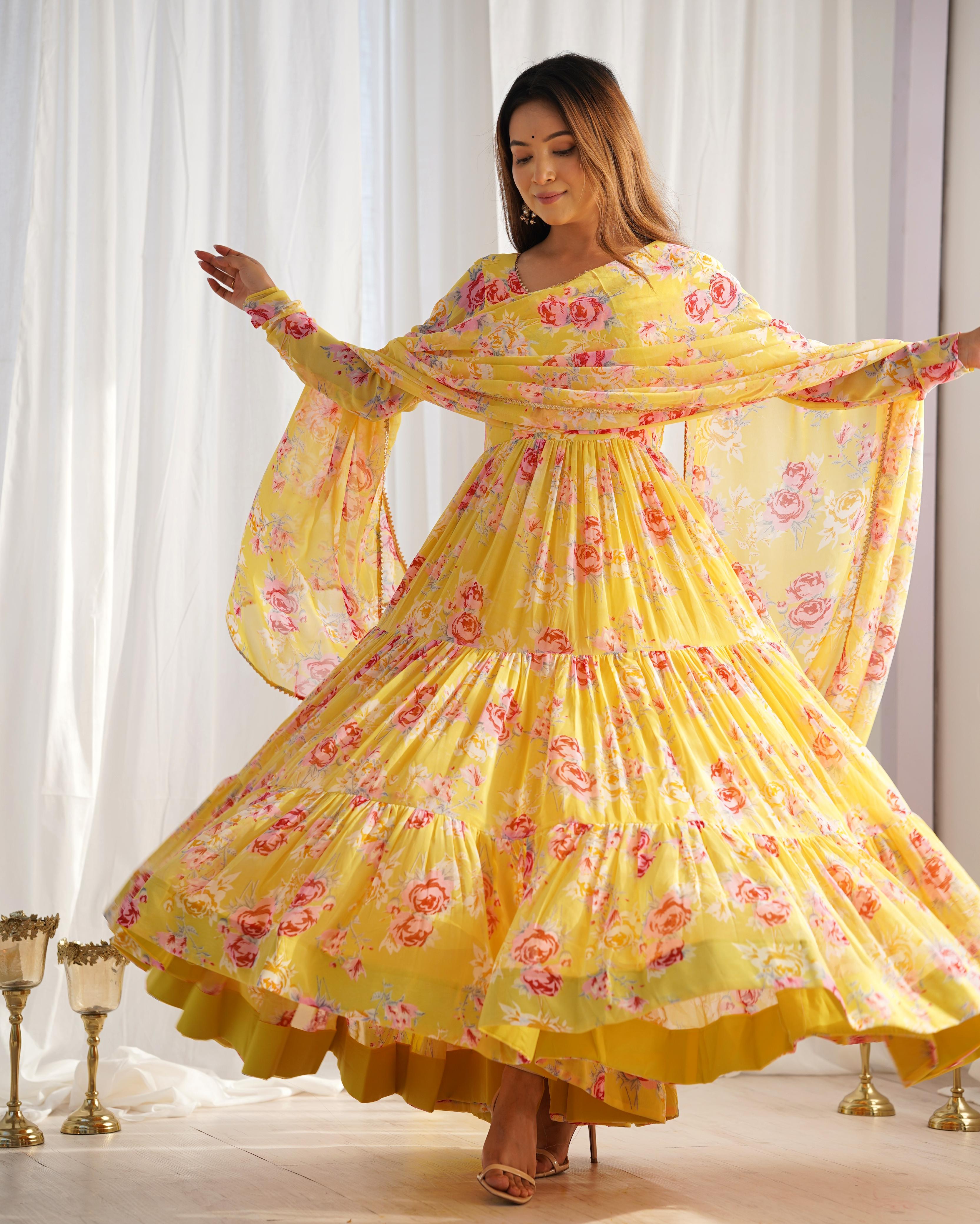 Graceful Yellow Floral Printed Fully Stitched Anarkali Pant Suit