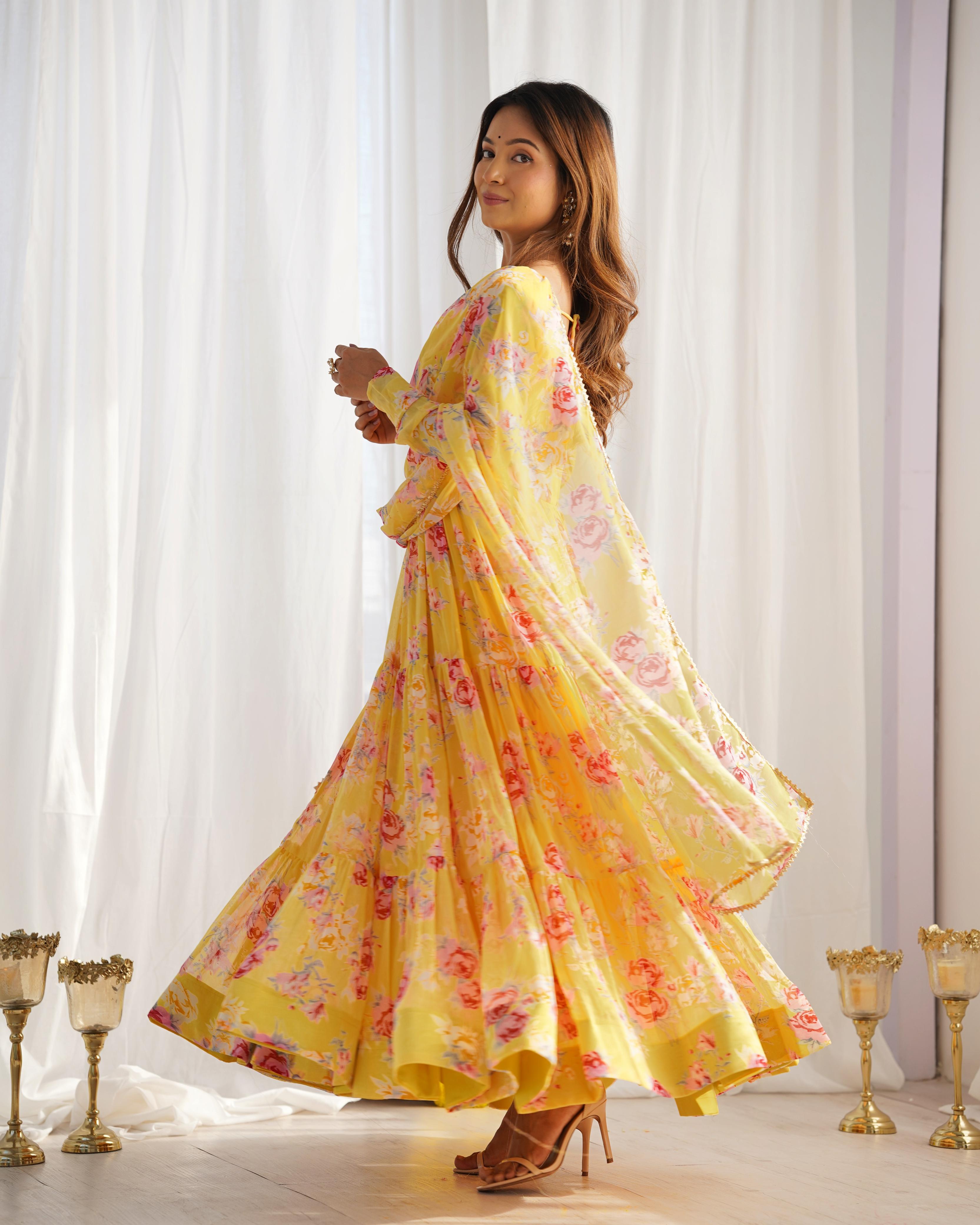 Graceful Yellow Floral Printed Fully Stitched Anarkali Pant Suit