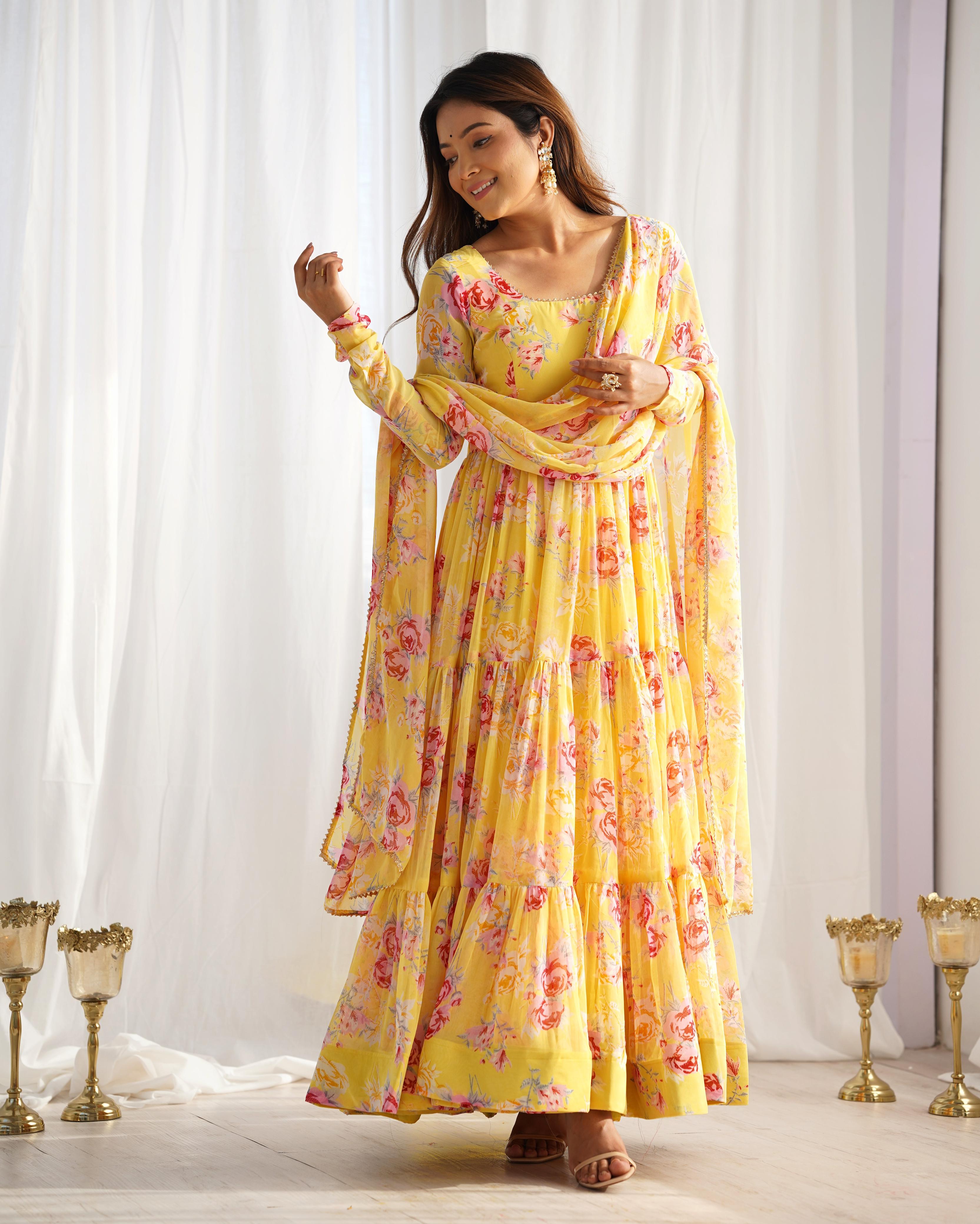 Graceful Yellow Floral Printed Fully Stitched Anarkali Pant Suit