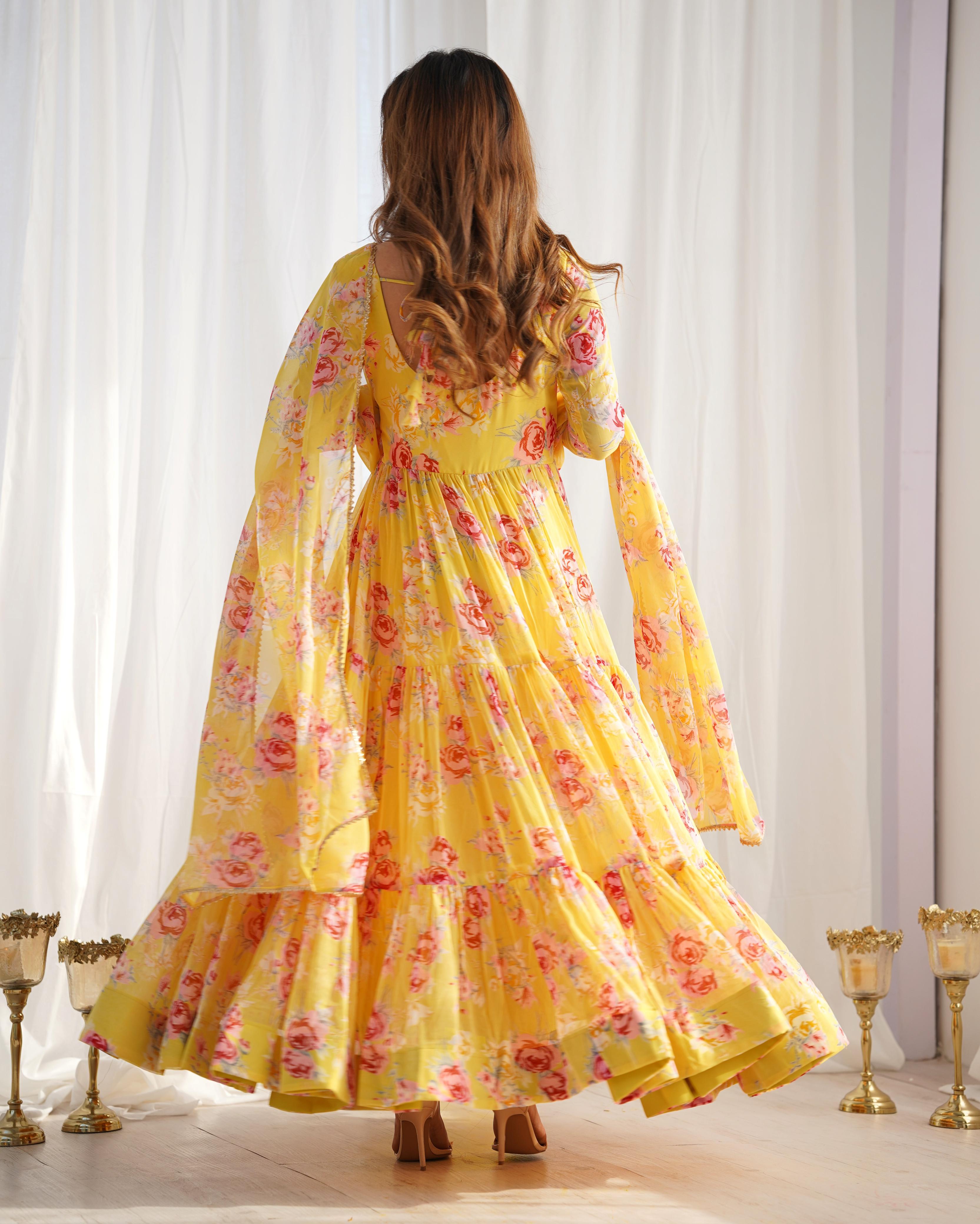 Graceful Yellow Floral Printed Fully Stitched Anarkali Pant Suit