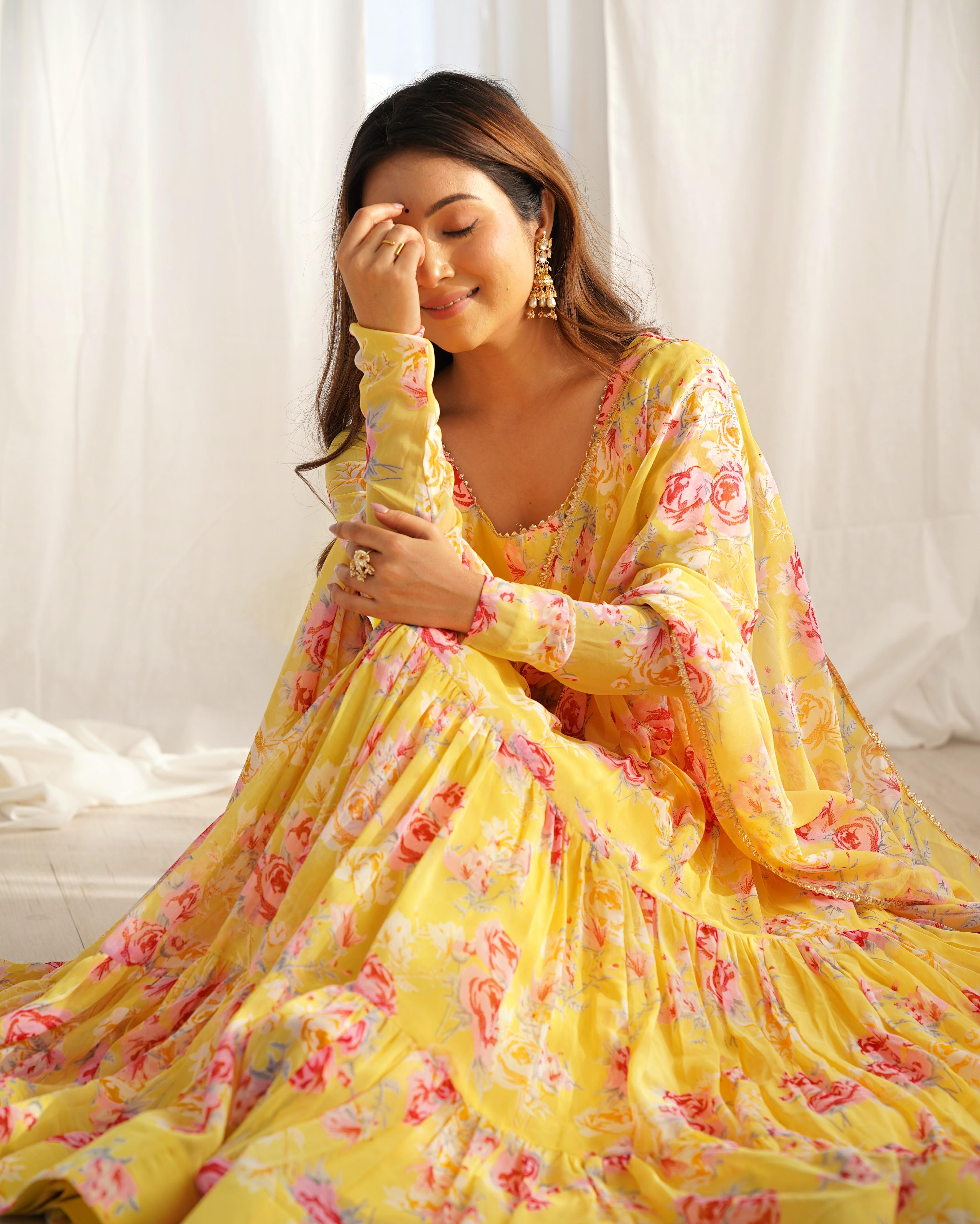 Graceful Yellow Floral Printed Fully Stitched Anarkali Pant Suit