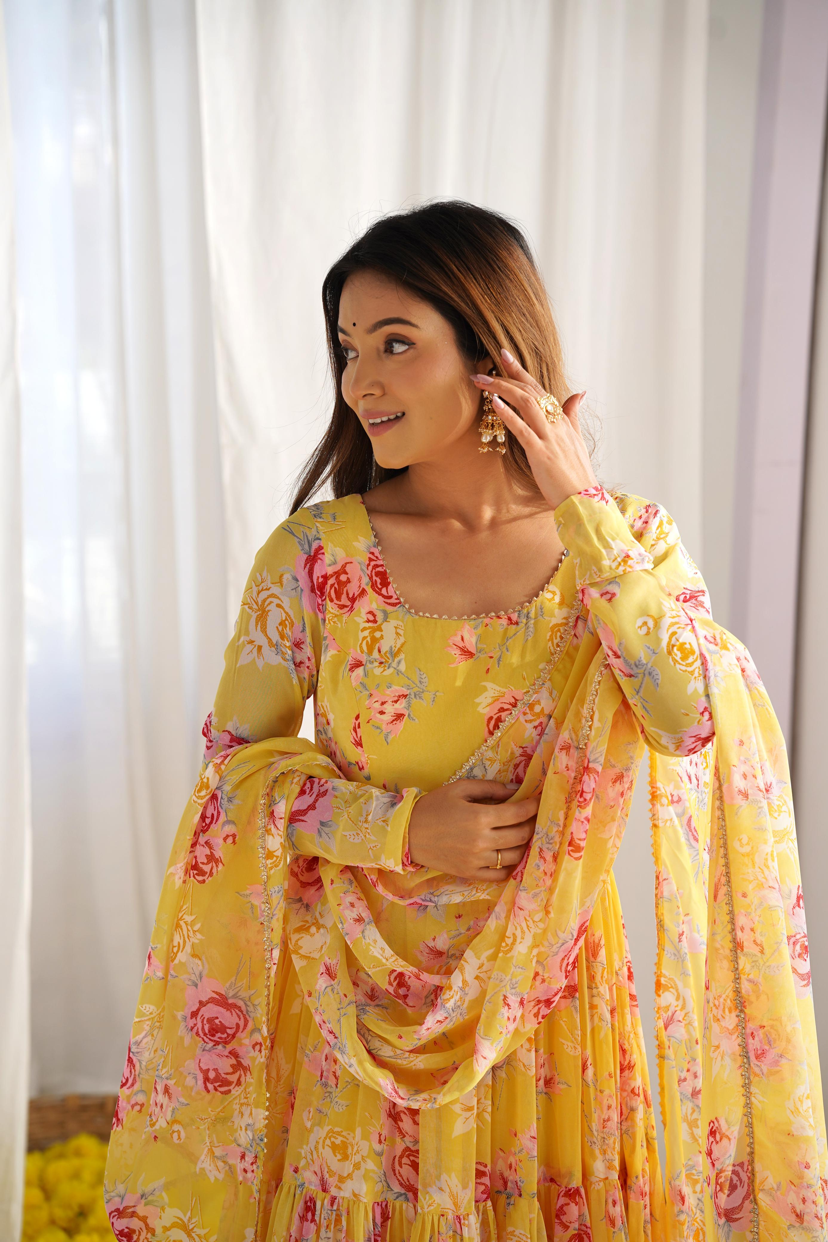 Graceful Yellow Floral Printed Fully Stitched Anarkali Pant Suit