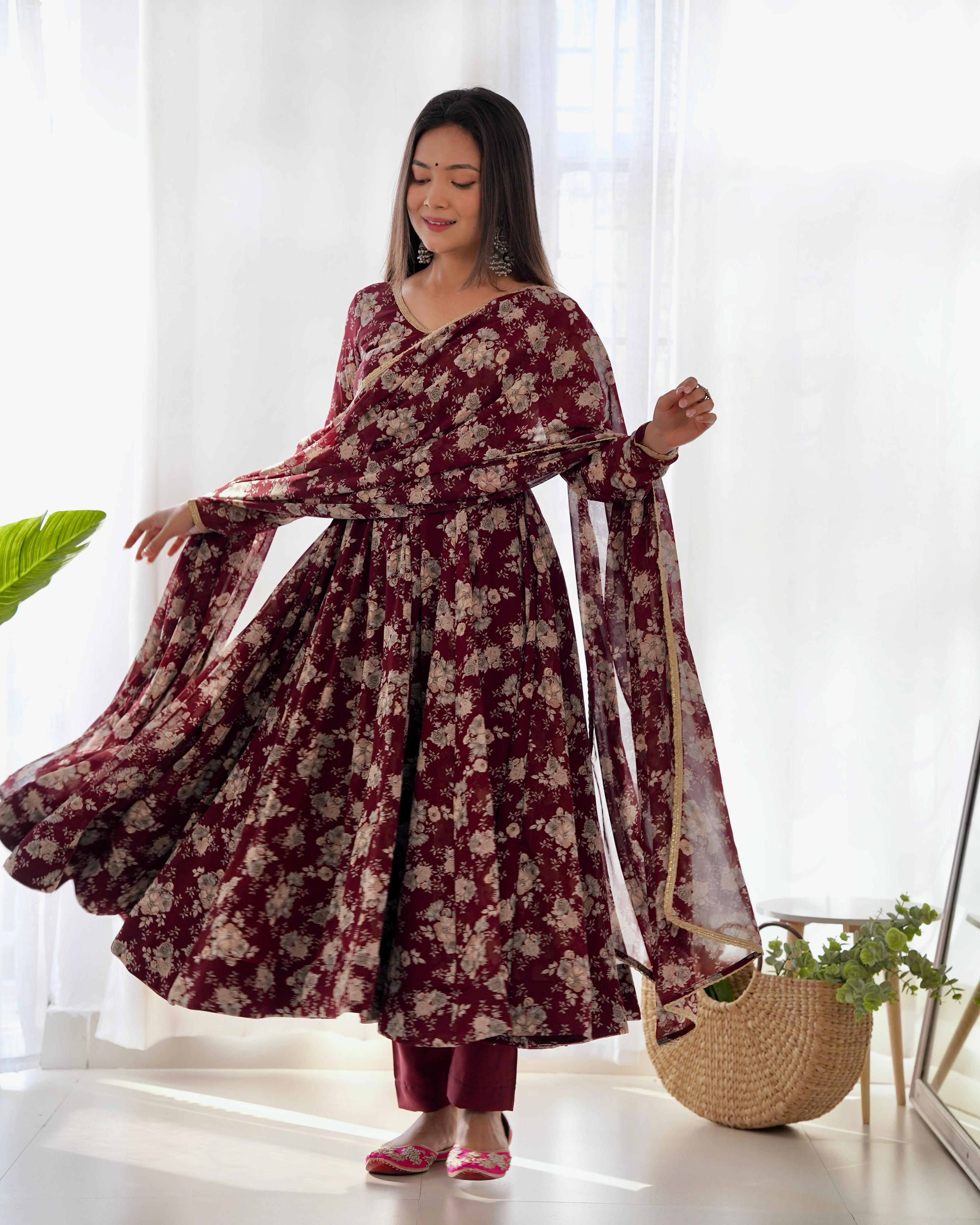 Exquisite Dark Maroon Floral Printed Fully Stitched Designer Anarkali Pant Suit