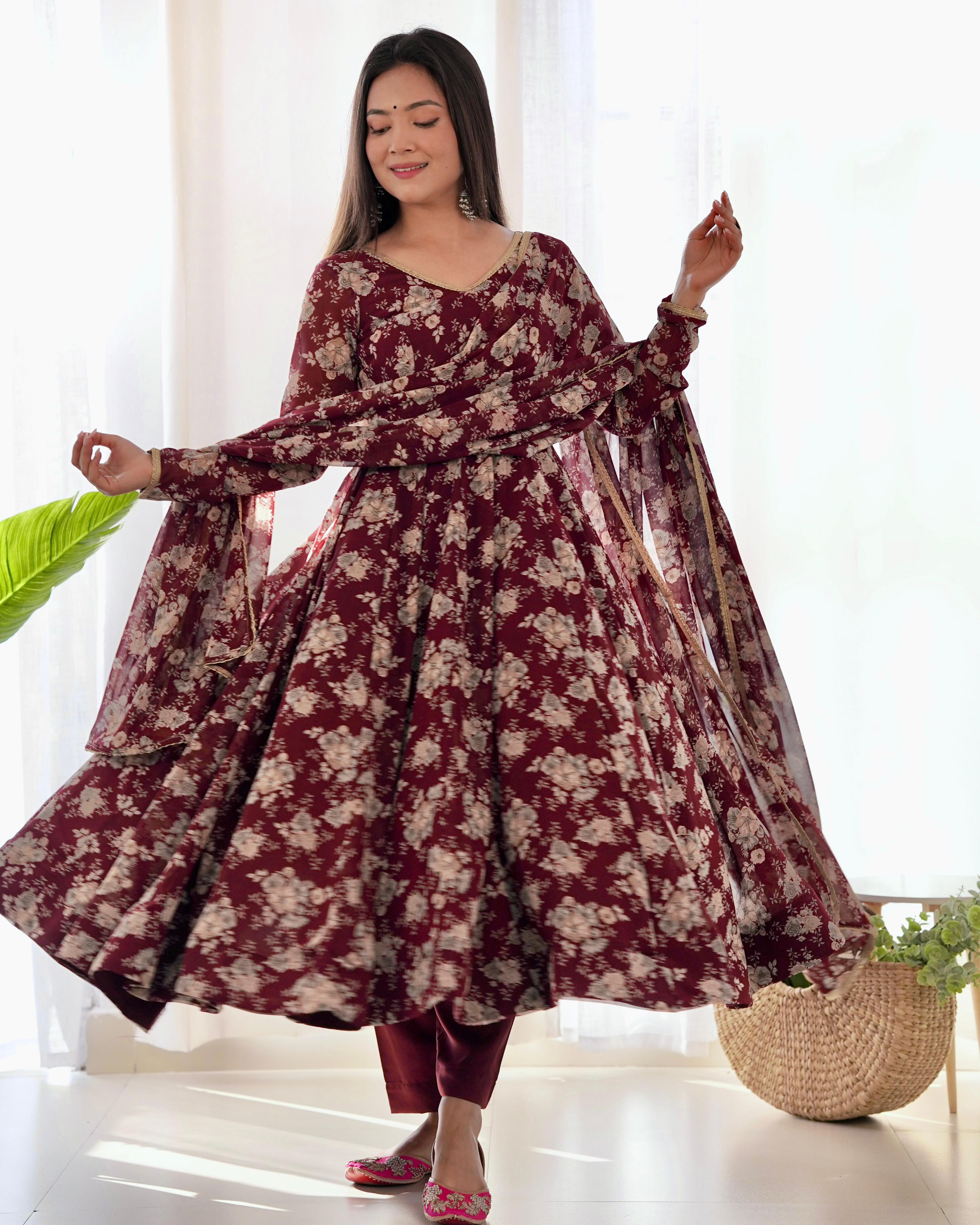 Exquisite Dark Maroon Floral Printed Fully Stitched Designer Anarkali Pant Suit