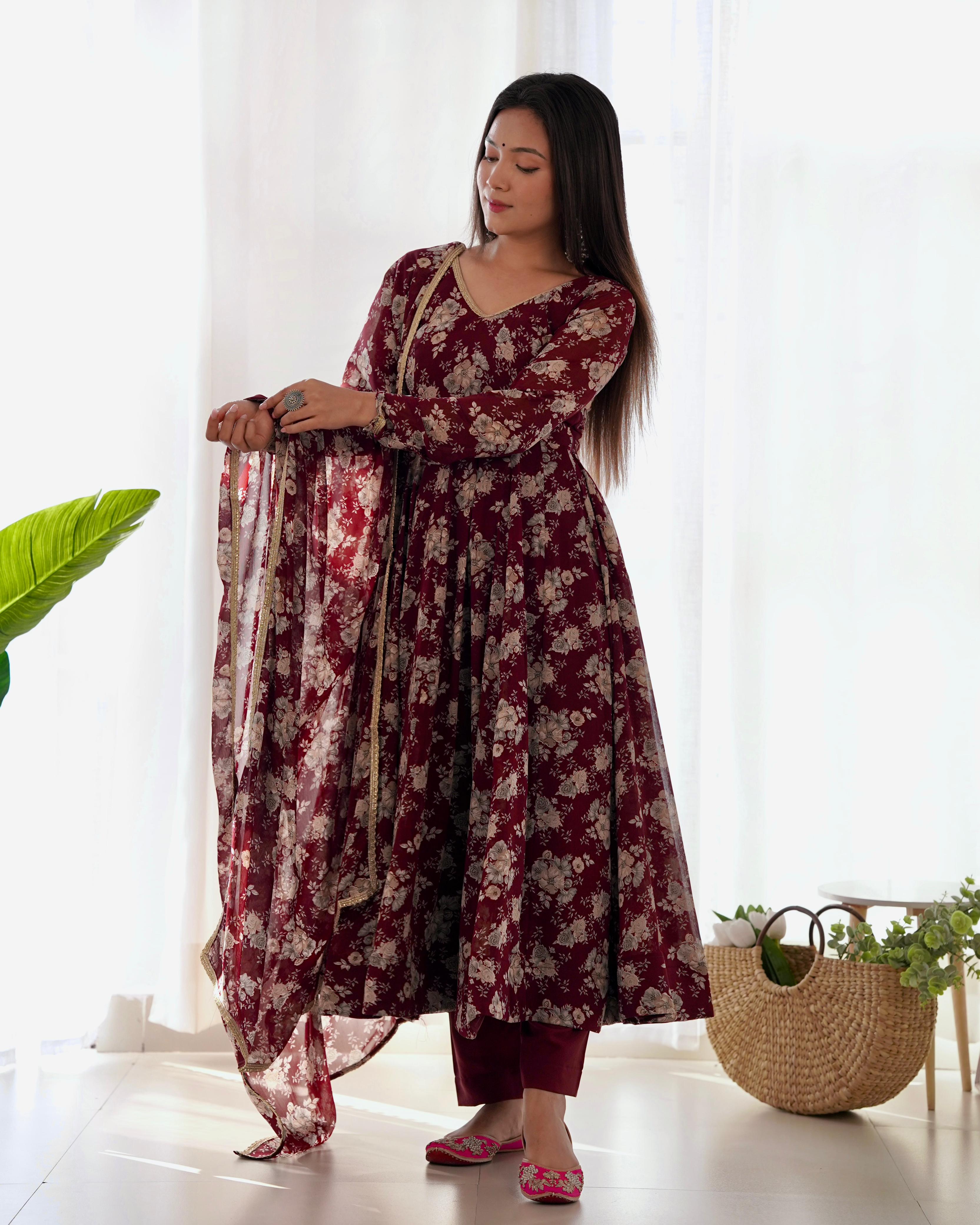 Exquisite Dark Maroon Floral Printed Fully Stitched Designer Anarkali Pant Suit