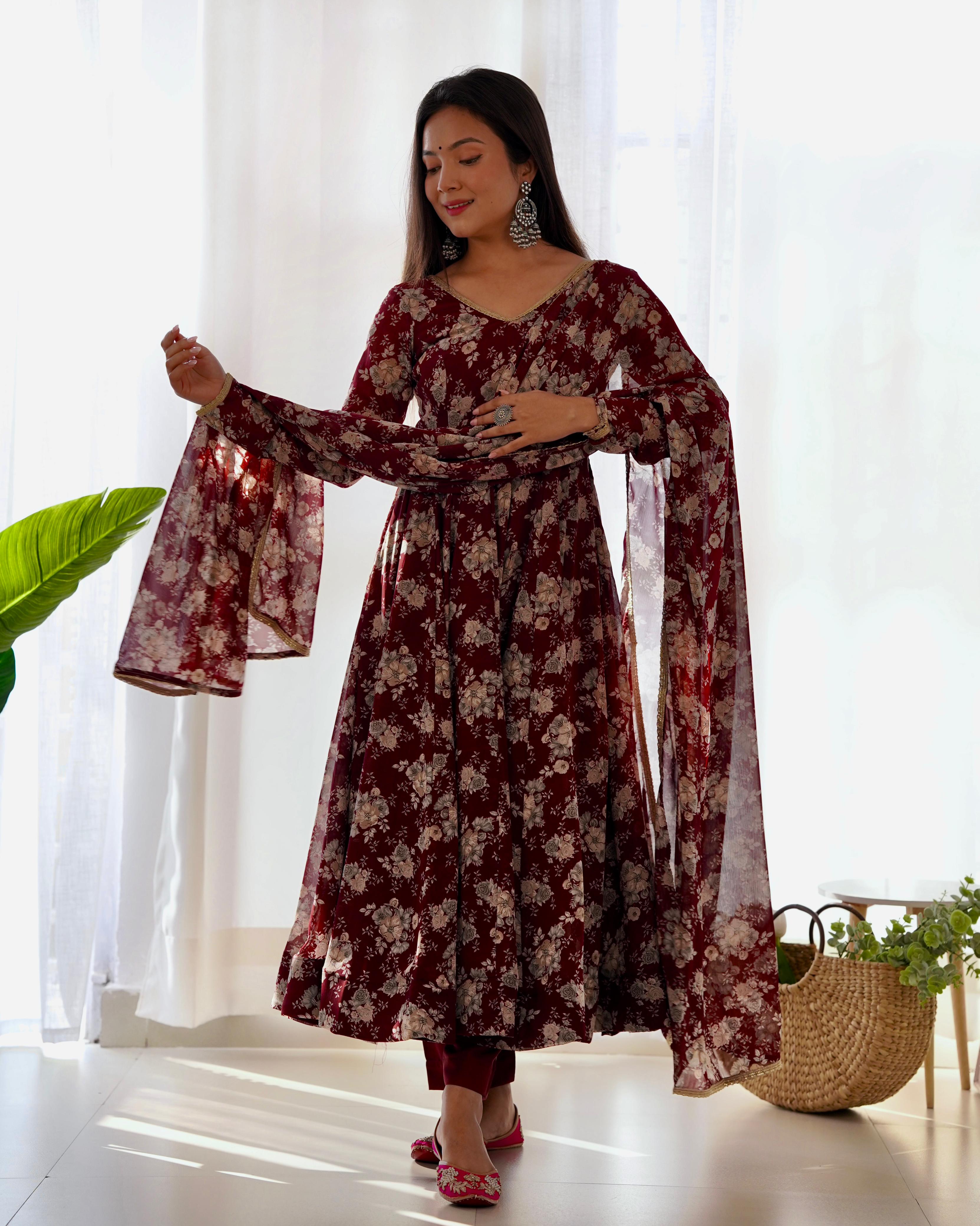 Exquisite Dark Maroon Floral Printed Fully Stitched Designer Anarkali Pant Suit