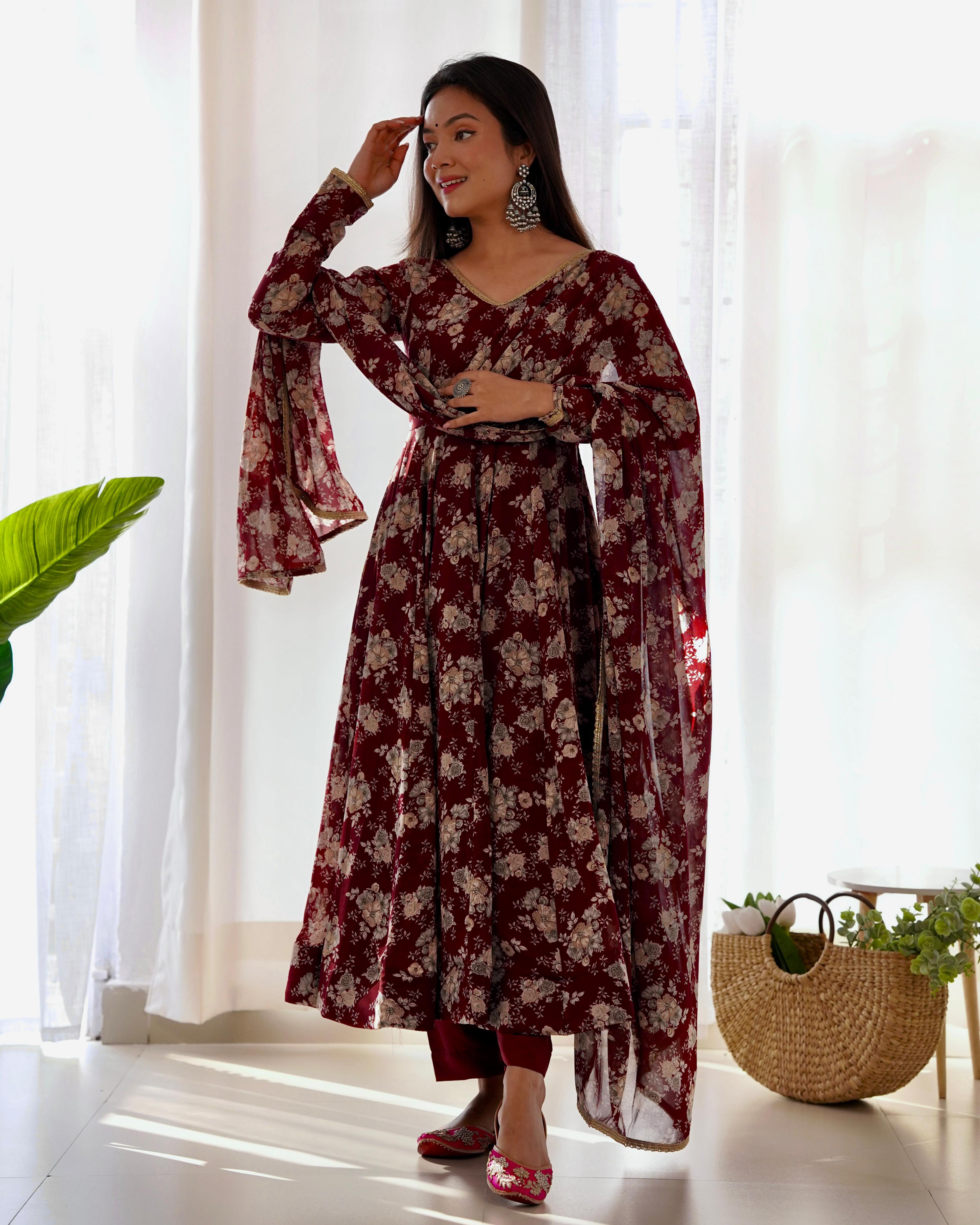 Exquisite Dark Maroon Floral Printed Fully Stitched Designer Anarkali Pant Suit