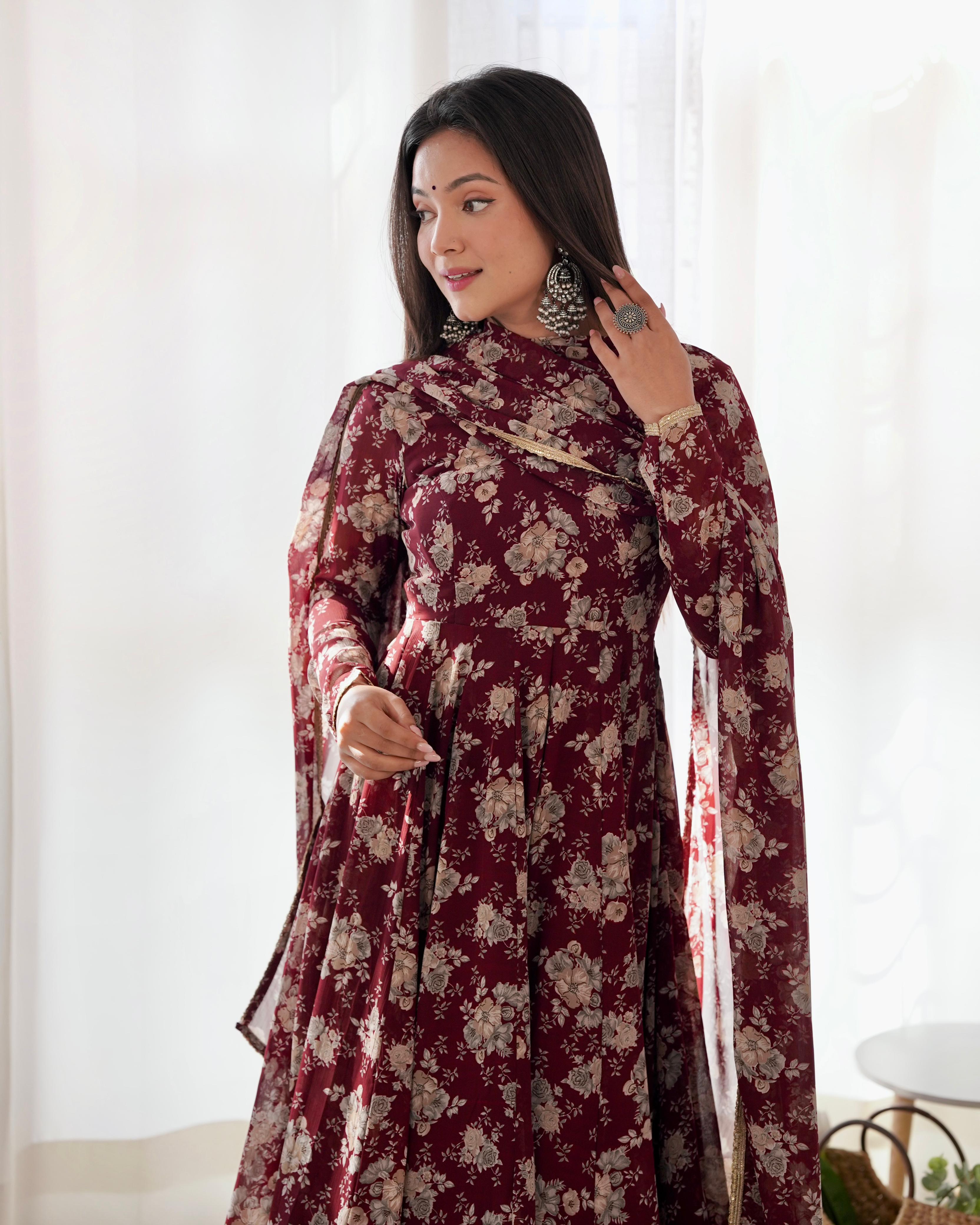 Exquisite Dark Maroon Floral Printed Fully Stitched Designer Anarkali Pant Suit