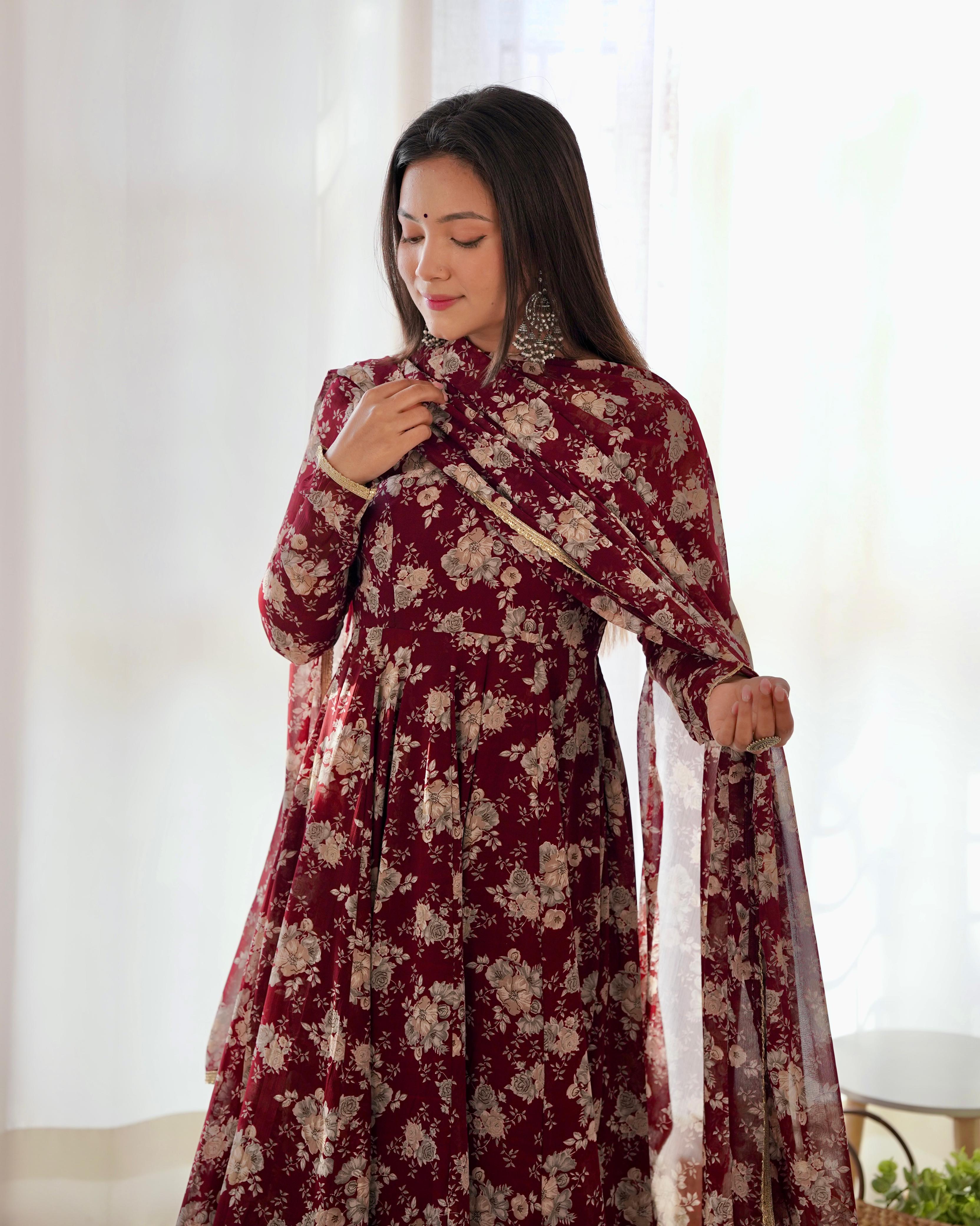 Exquisite Dark Maroon Floral Printed Fully Stitched Designer Anarkali Pant Suit