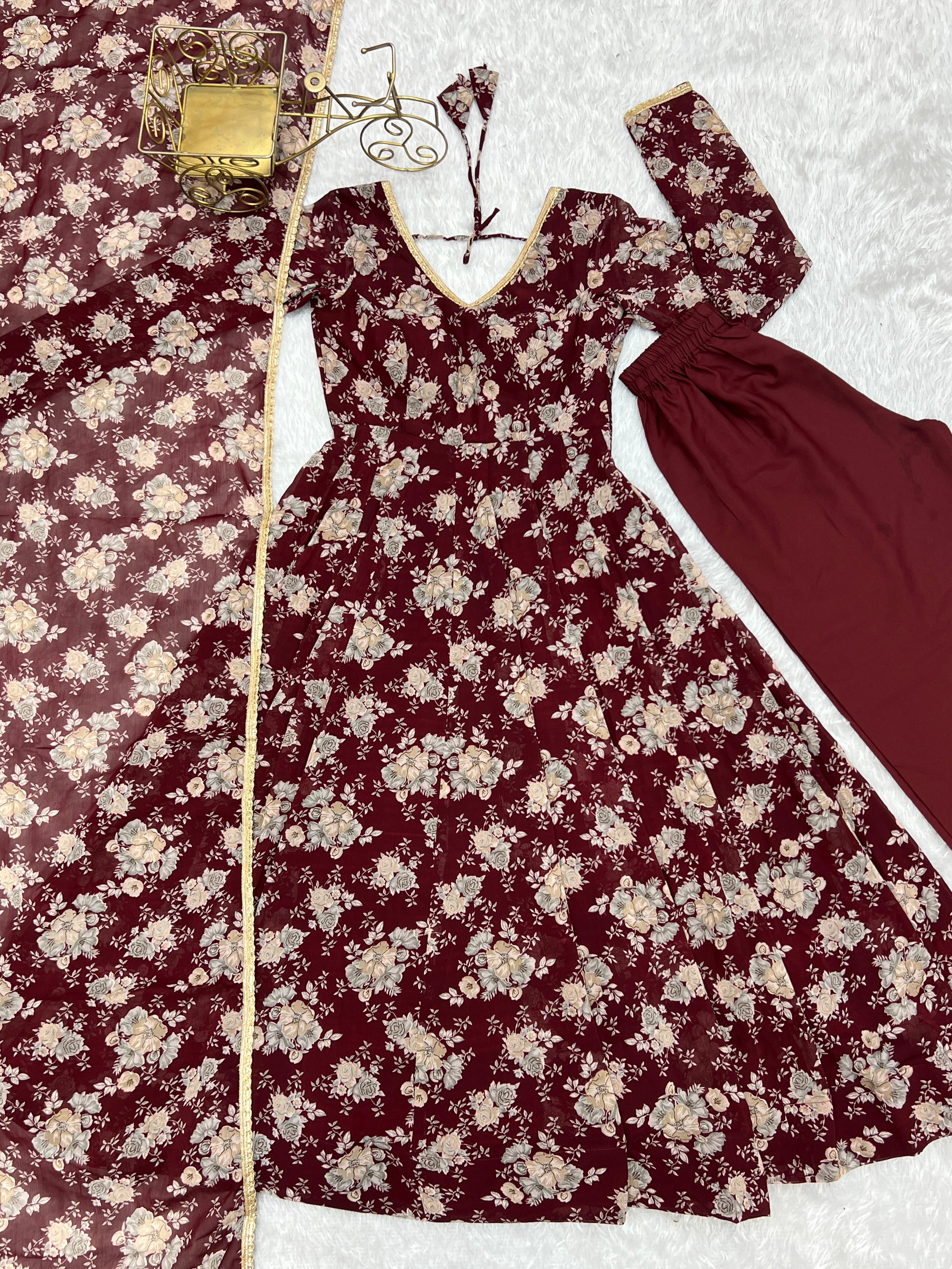 Exquisite Dark Maroon Floral Printed Fully Stitched Designer Anarkali Pant Suit