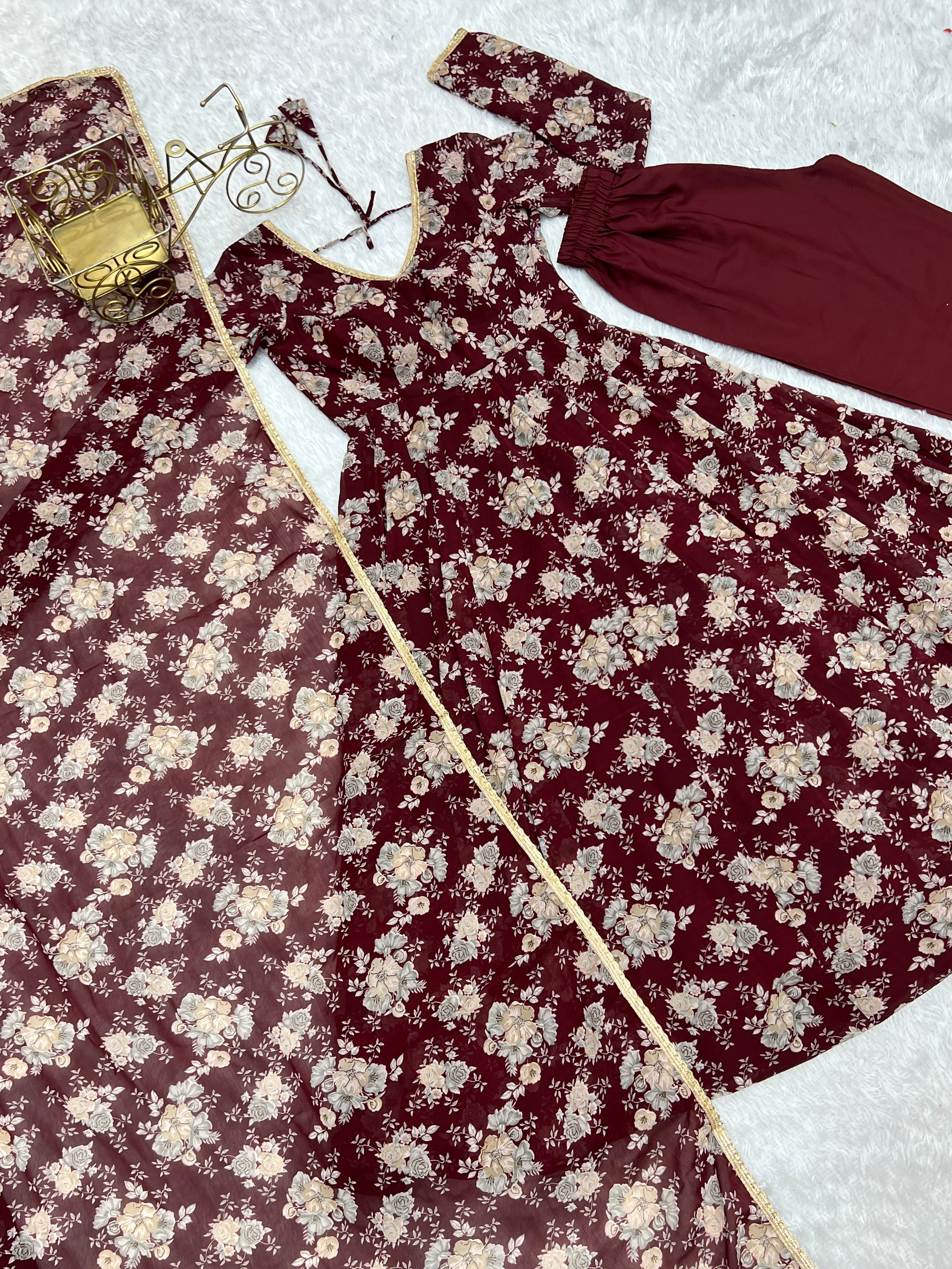 Exquisite Dark Maroon Floral Printed Fully Stitched Designer Anarkali Pant Suit