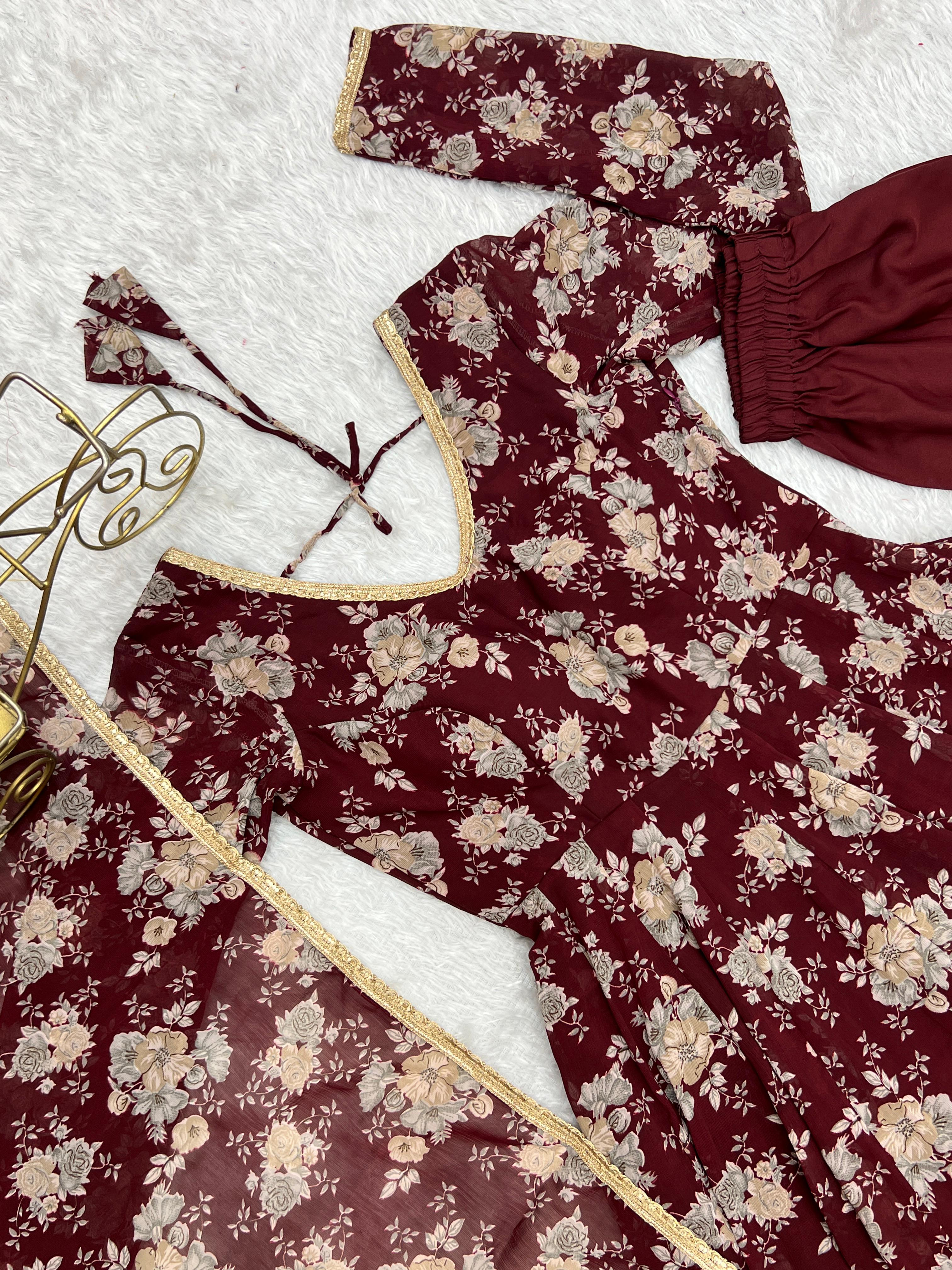 Exquisite Dark Maroon Floral Printed Fully Stitched Designer Anarkali Pant Suit