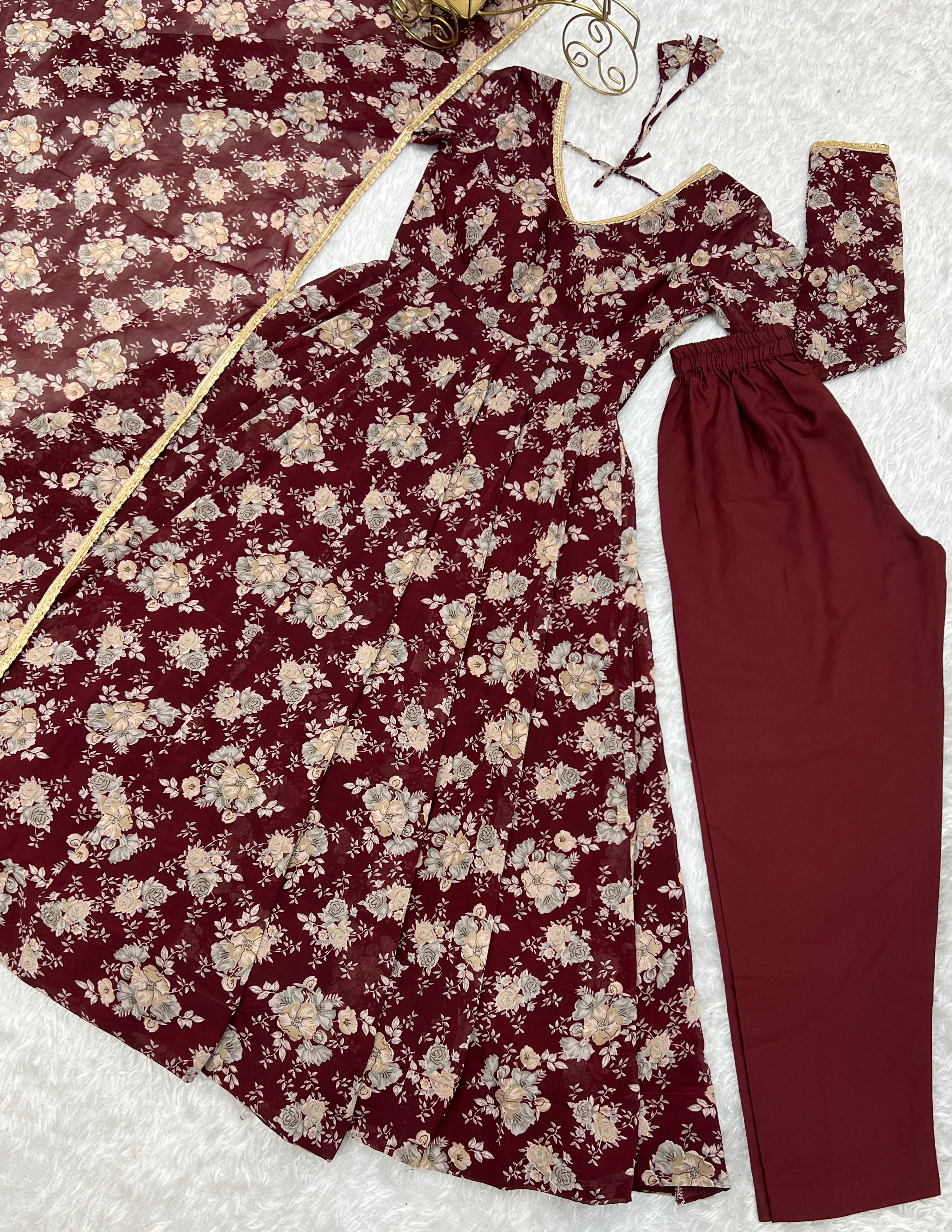 Exquisite Dark Maroon Floral Printed Fully Stitched Designer Anarkali Pant Suit