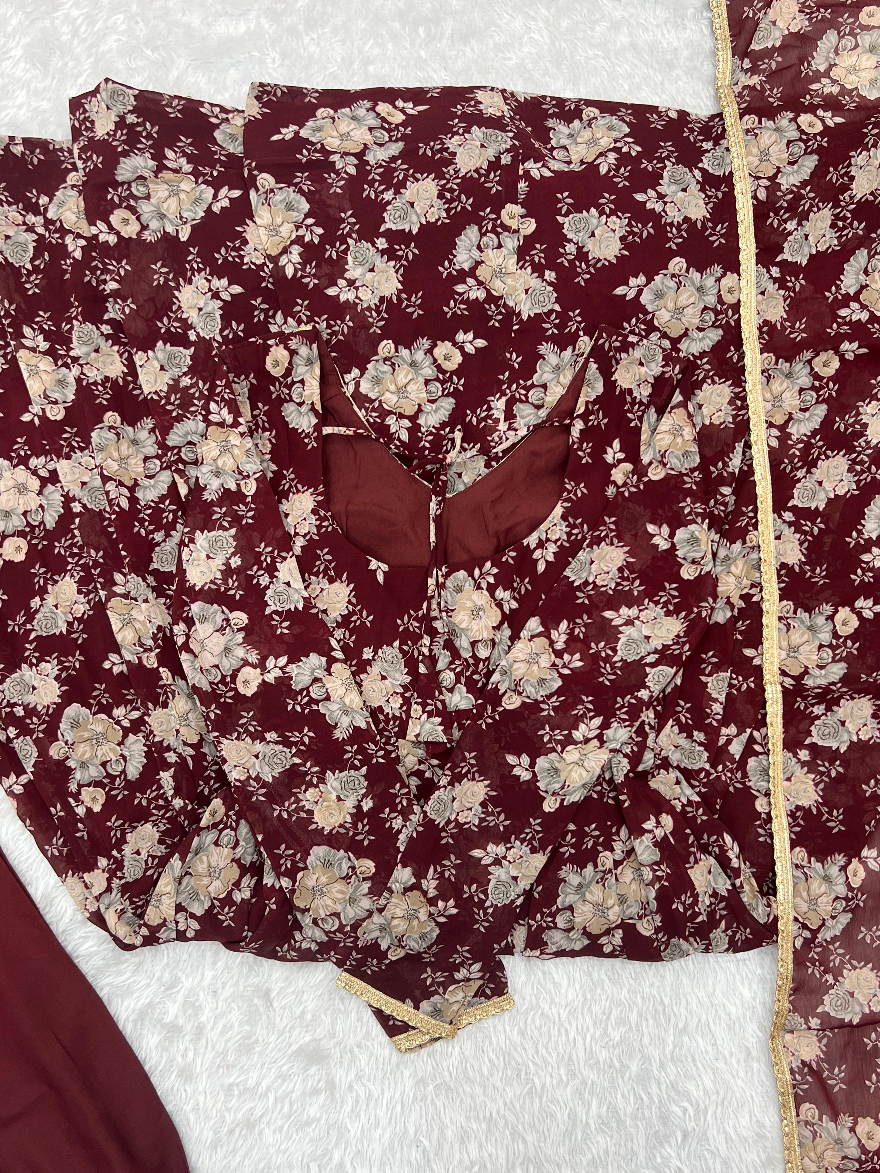 Exquisite Dark Maroon Floral Printed Fully Stitched Designer Anarkali Pant Suit